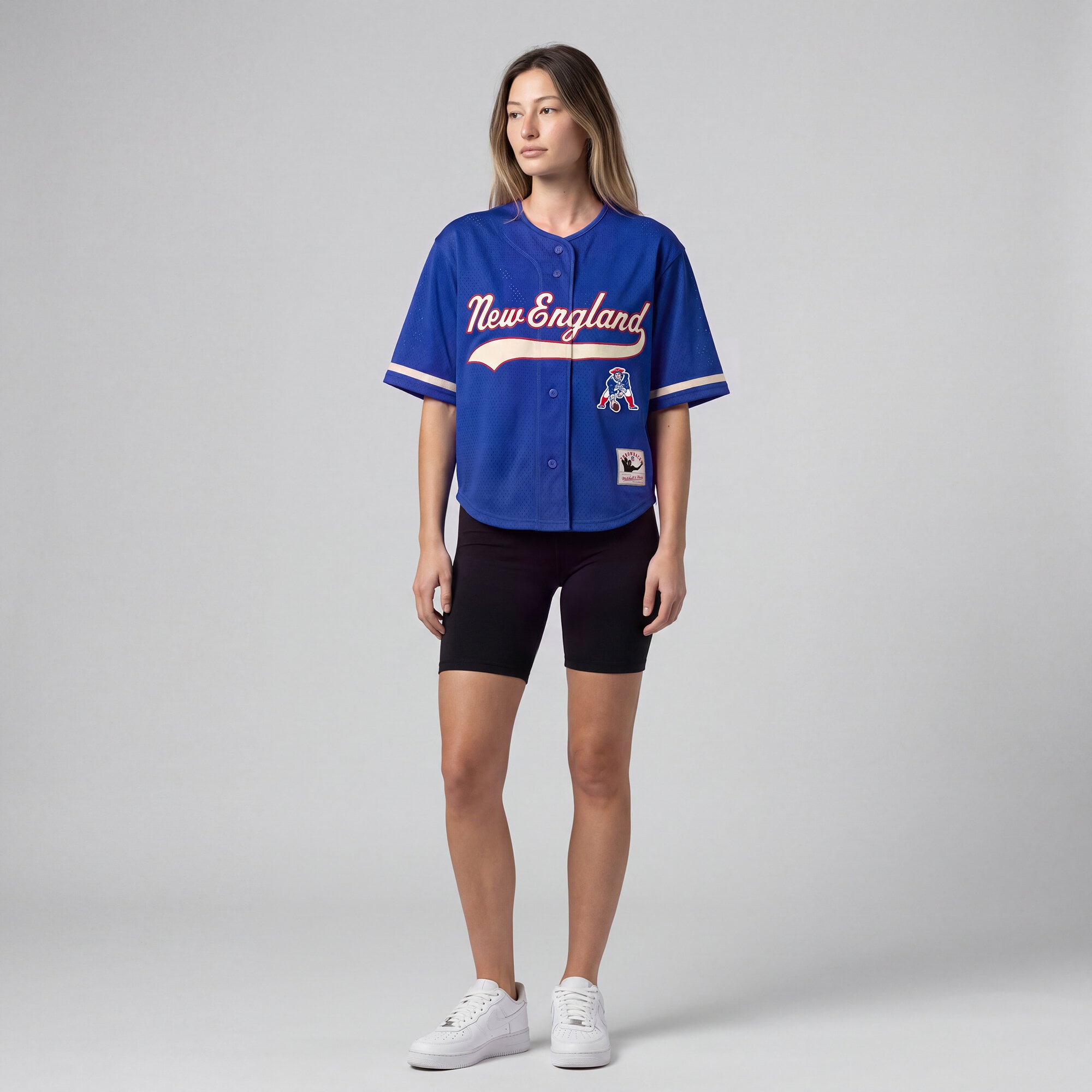 Maillot de baseball rétro Roots des New England Patriots, couleur royale, pour femmes, Mitchell & Ness.