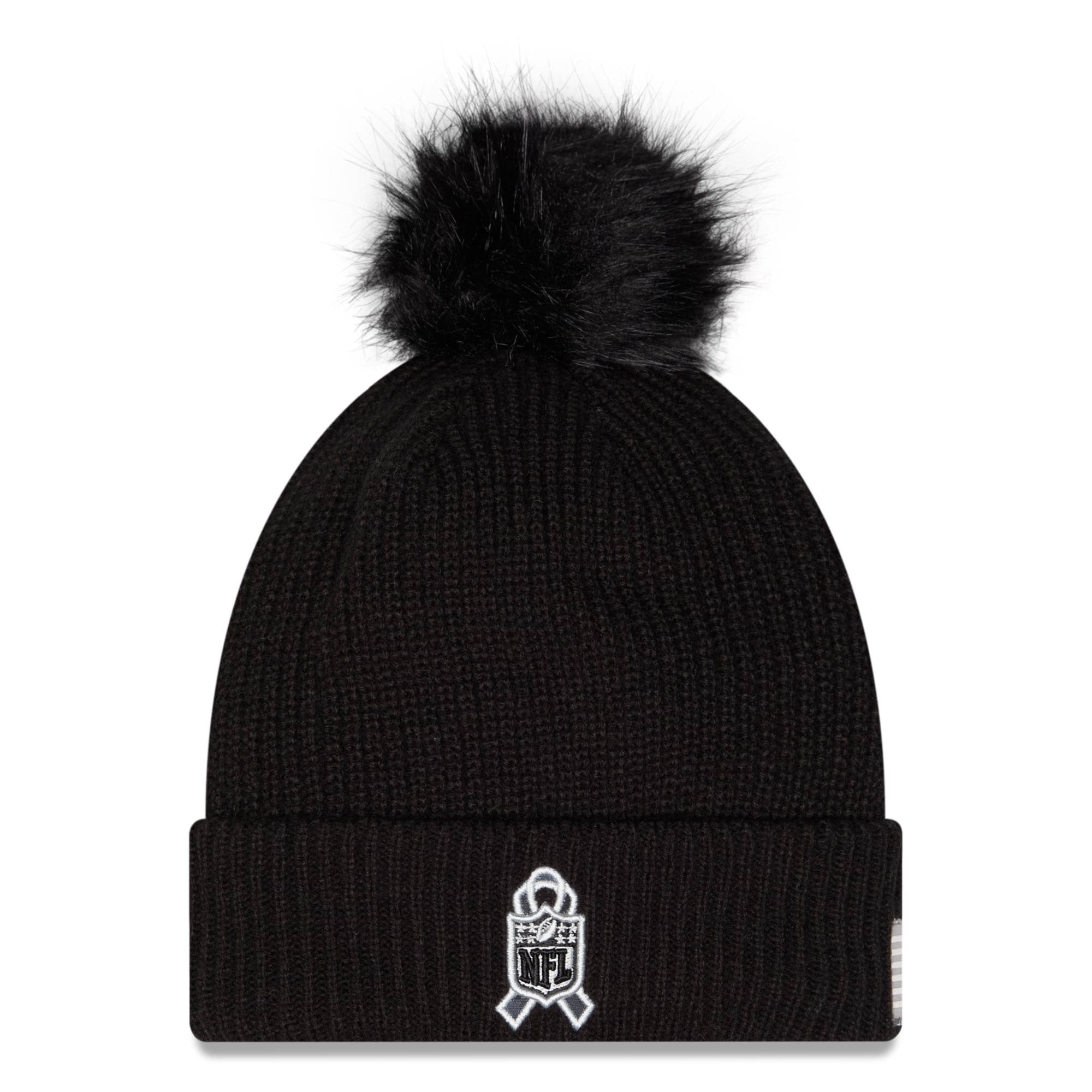 Bonnet à revers New Era noir pour femme, New England Patriots 2026 Salute To Service, avec pompon