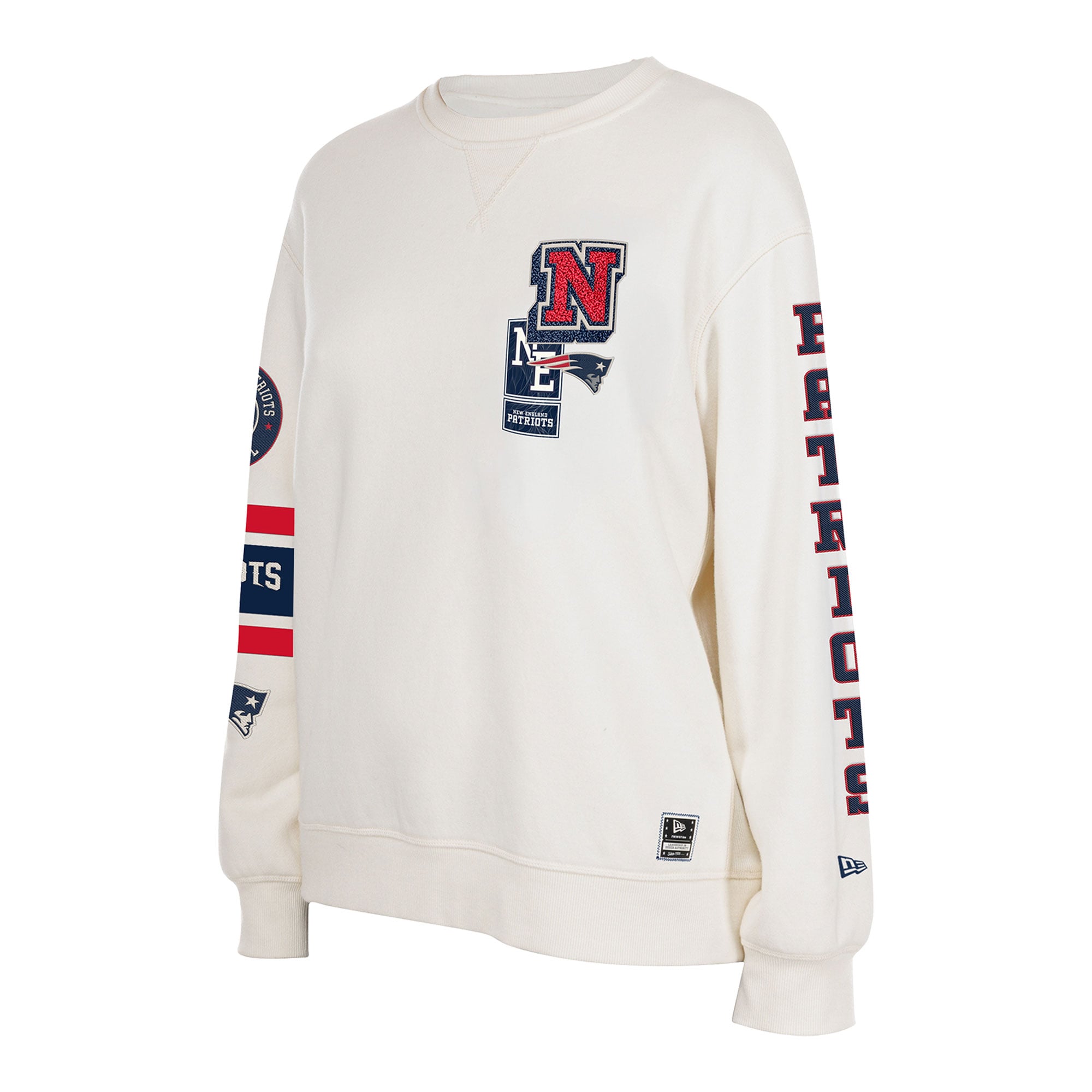 Sweat-shirt à col rond New Era crème pour femme, modèle académique des England Patriots
