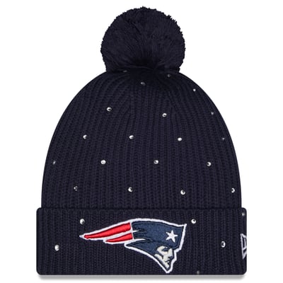 New England Patriots New Era Women's Rhinestone Cuffed Knit Hat with Pom - Navy
