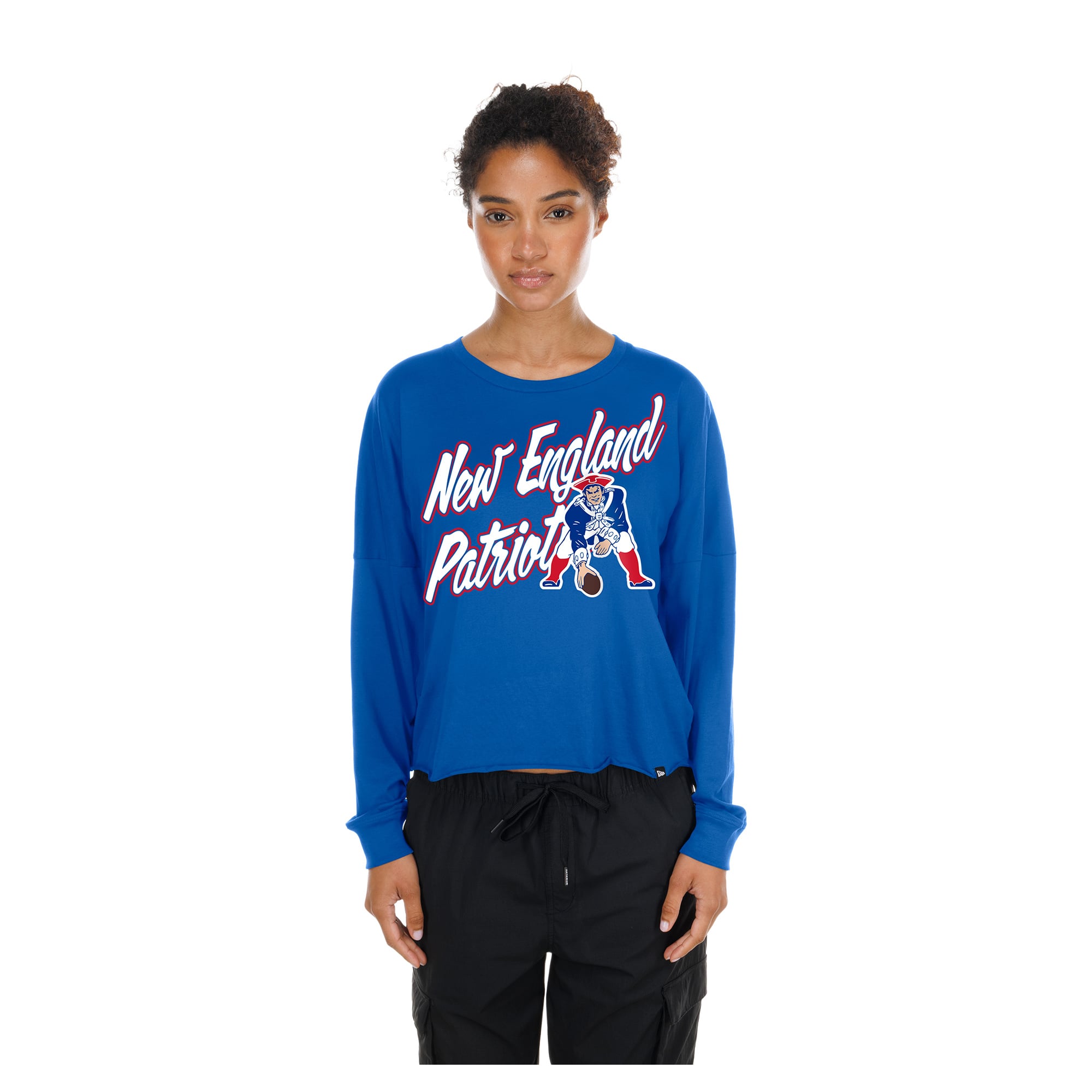 T-shirt à manches longues oversize court New Era Royal England Patriots pour femmes