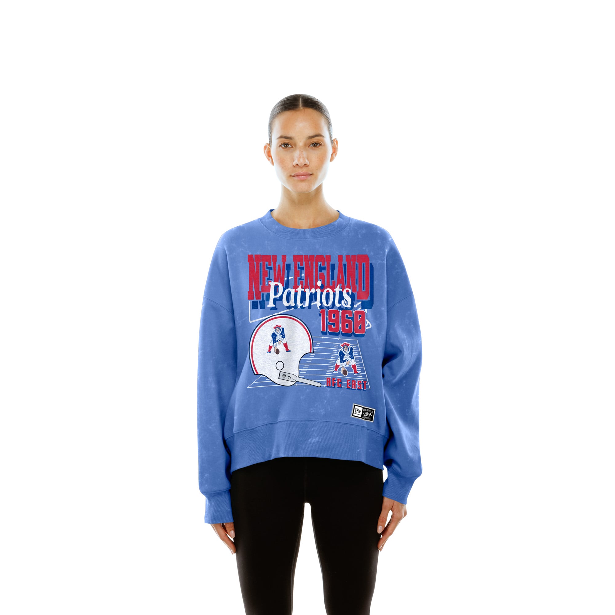 Sweat-shirt à col rond en polaire New Era Royal England Patriots Throwback Mineral Wash pour femme