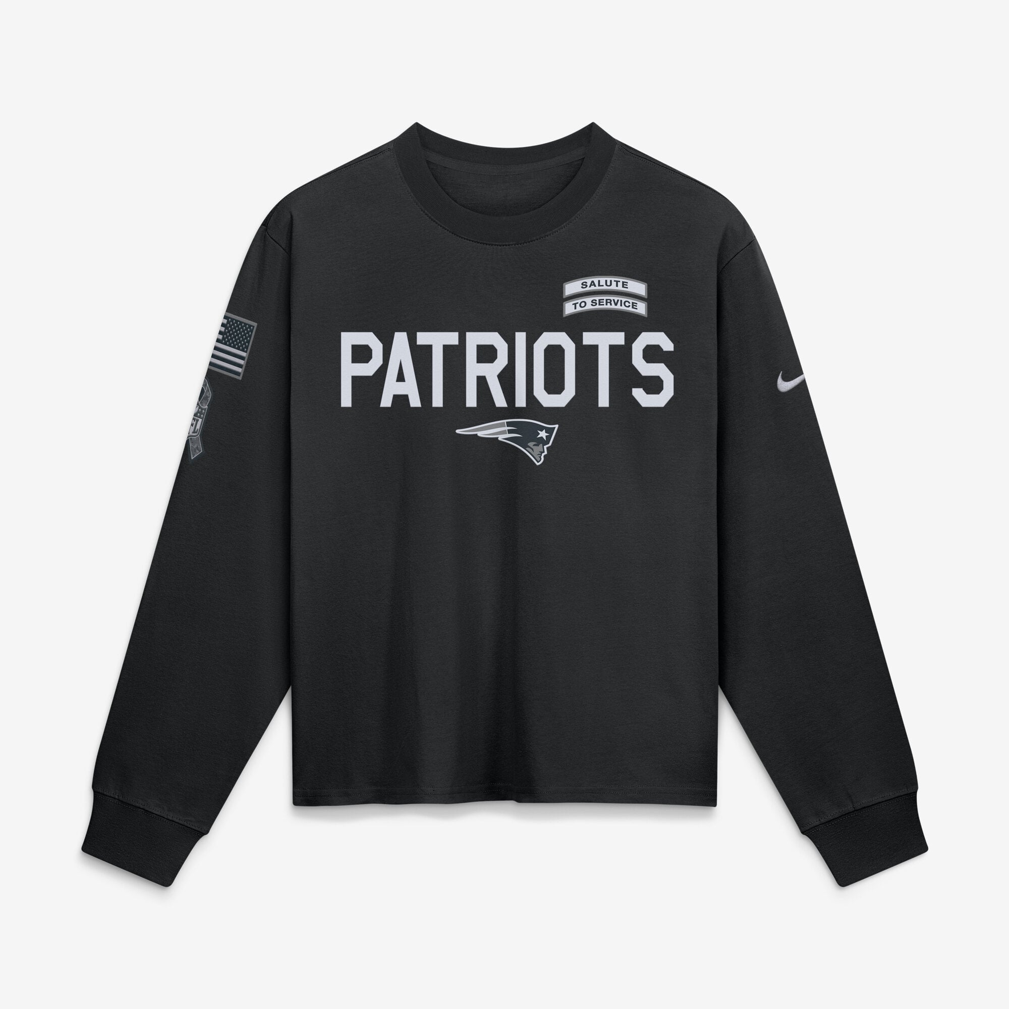 T-shirt à manches longues Nike noir pour femme, New England Patriots 2026 Salute to Service Sideline