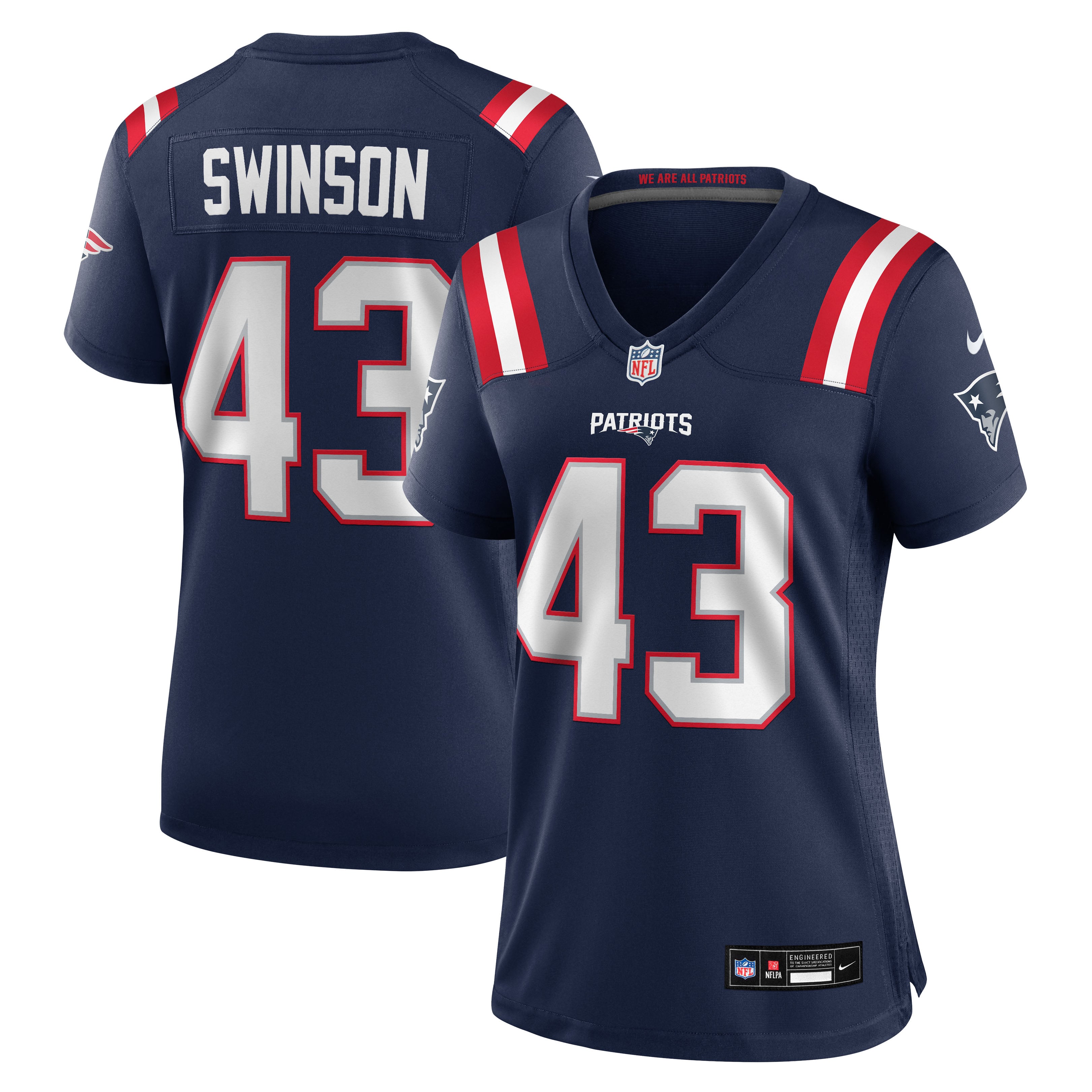 Maillot de match Nike Bradyn Swinson bleu marine des New England Patriots pour femmes