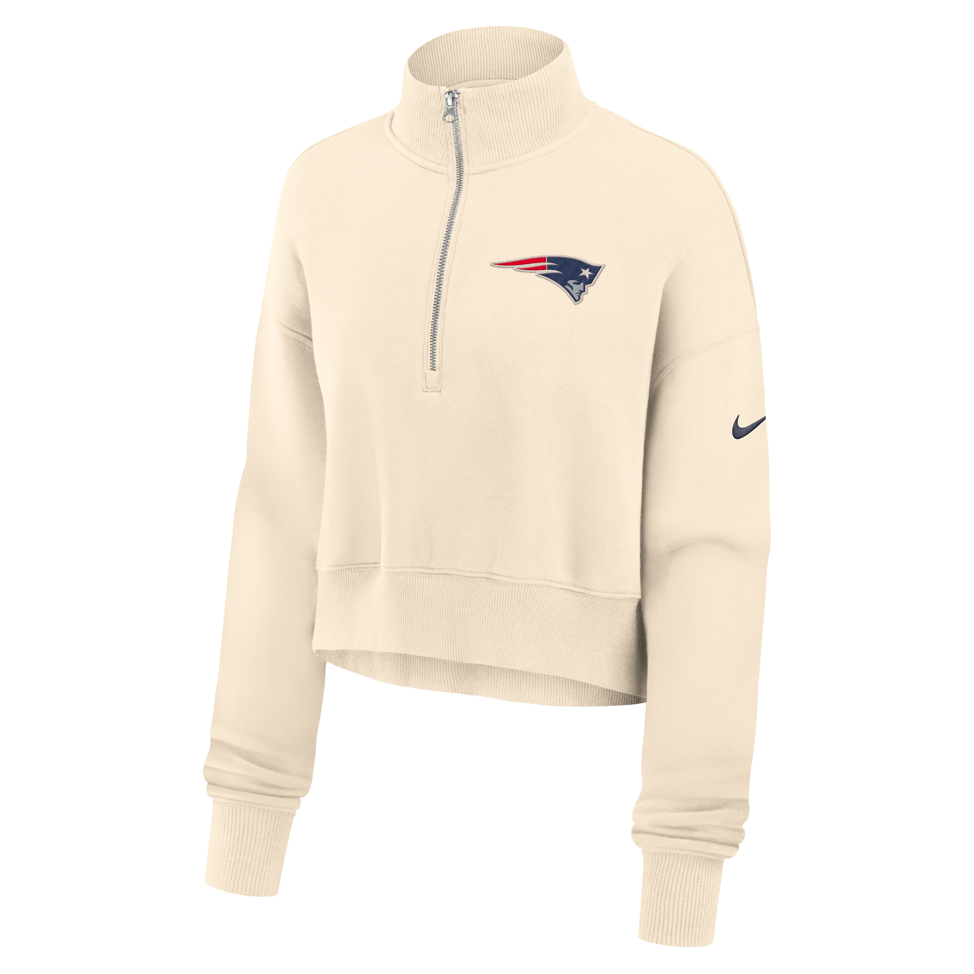 Sweat-shirt court à demi-zip en polaire Nike Legacy Phoenix pour femme, couleur crème, New England Patriots
