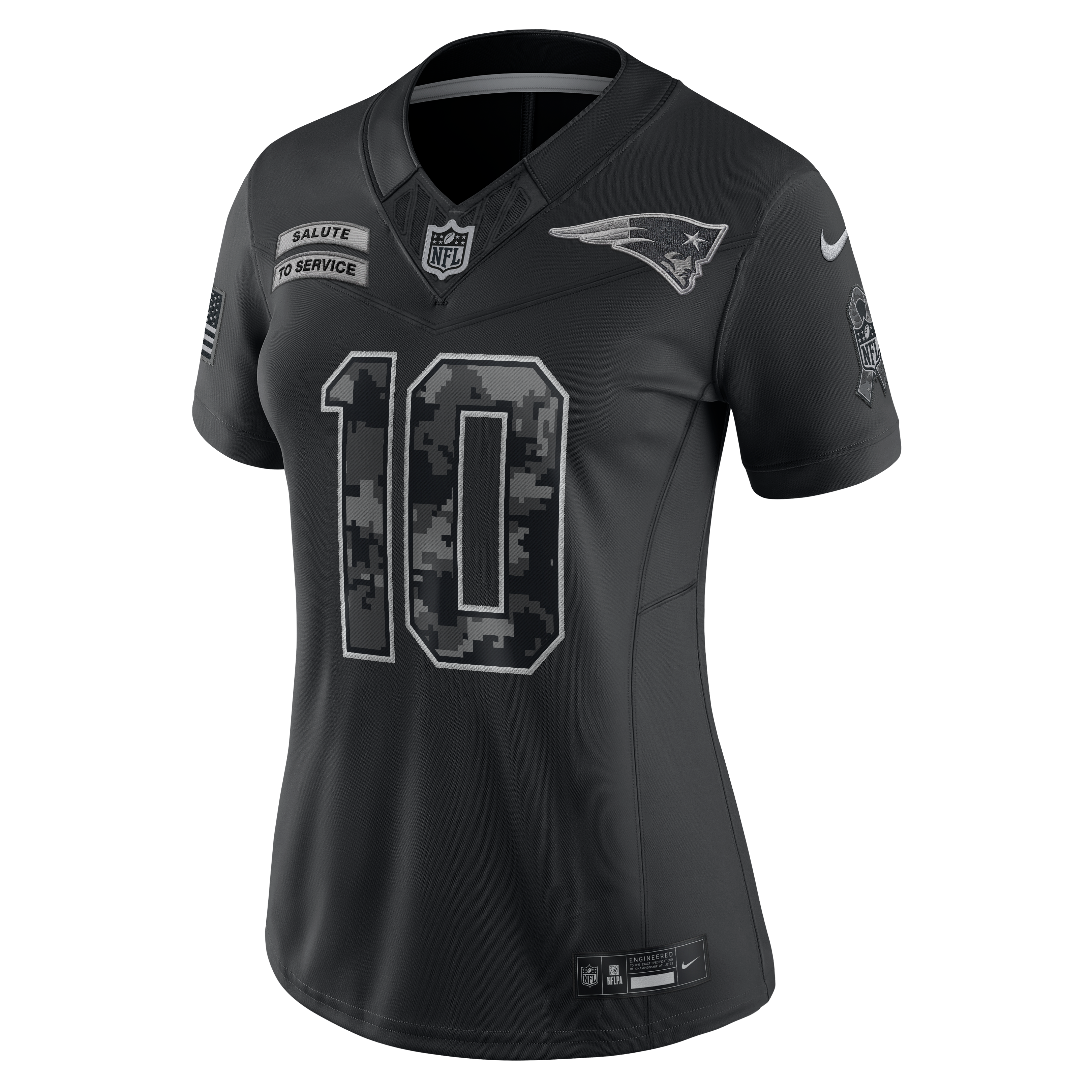 Maillot Nike Drake Maye noir New England Patriots 2026 Salute to Service pour femme, édition limitée cousue