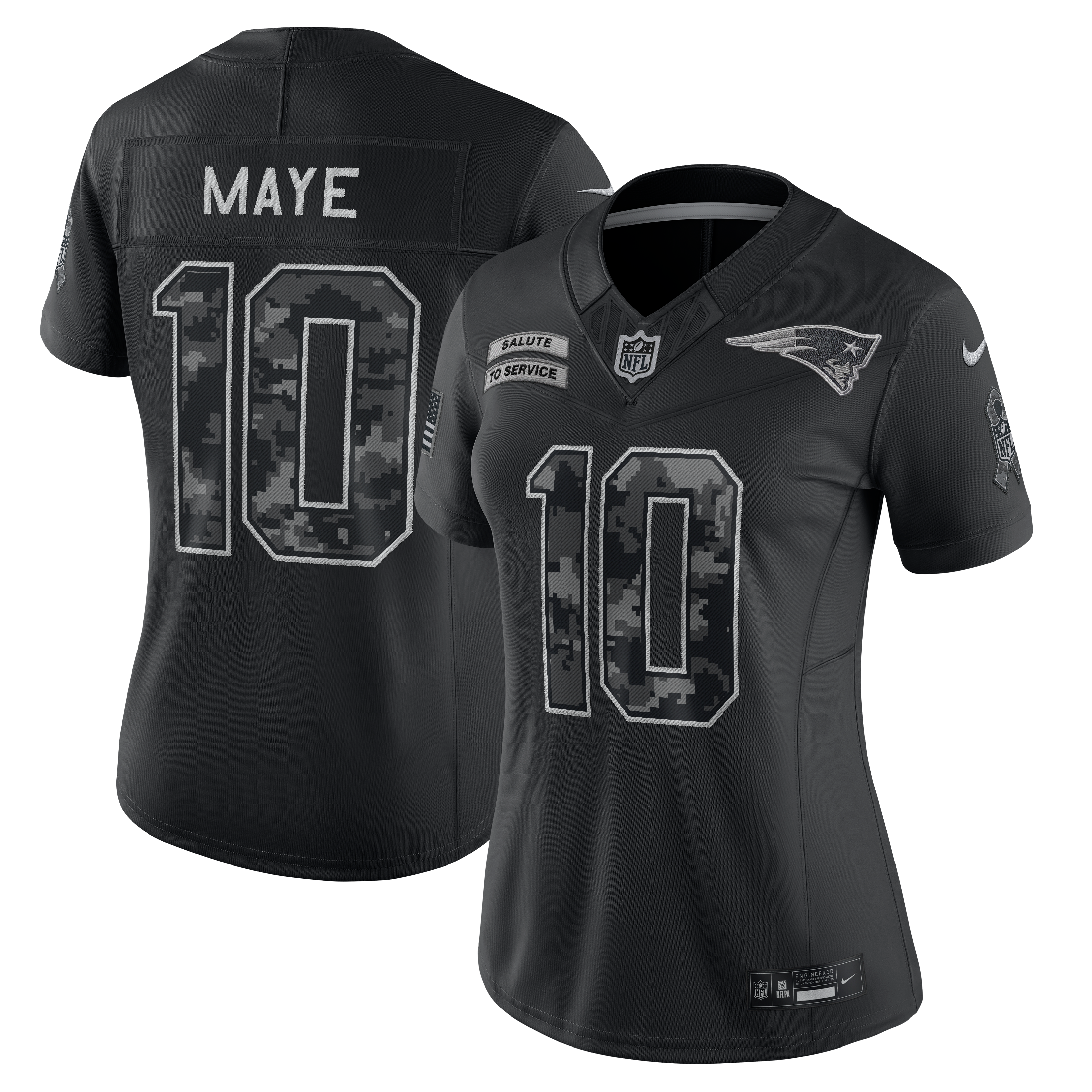 Maillot Nike Drake Maye noir New England Patriots 2026 Salute to Service pour femme, édition limitée cousue