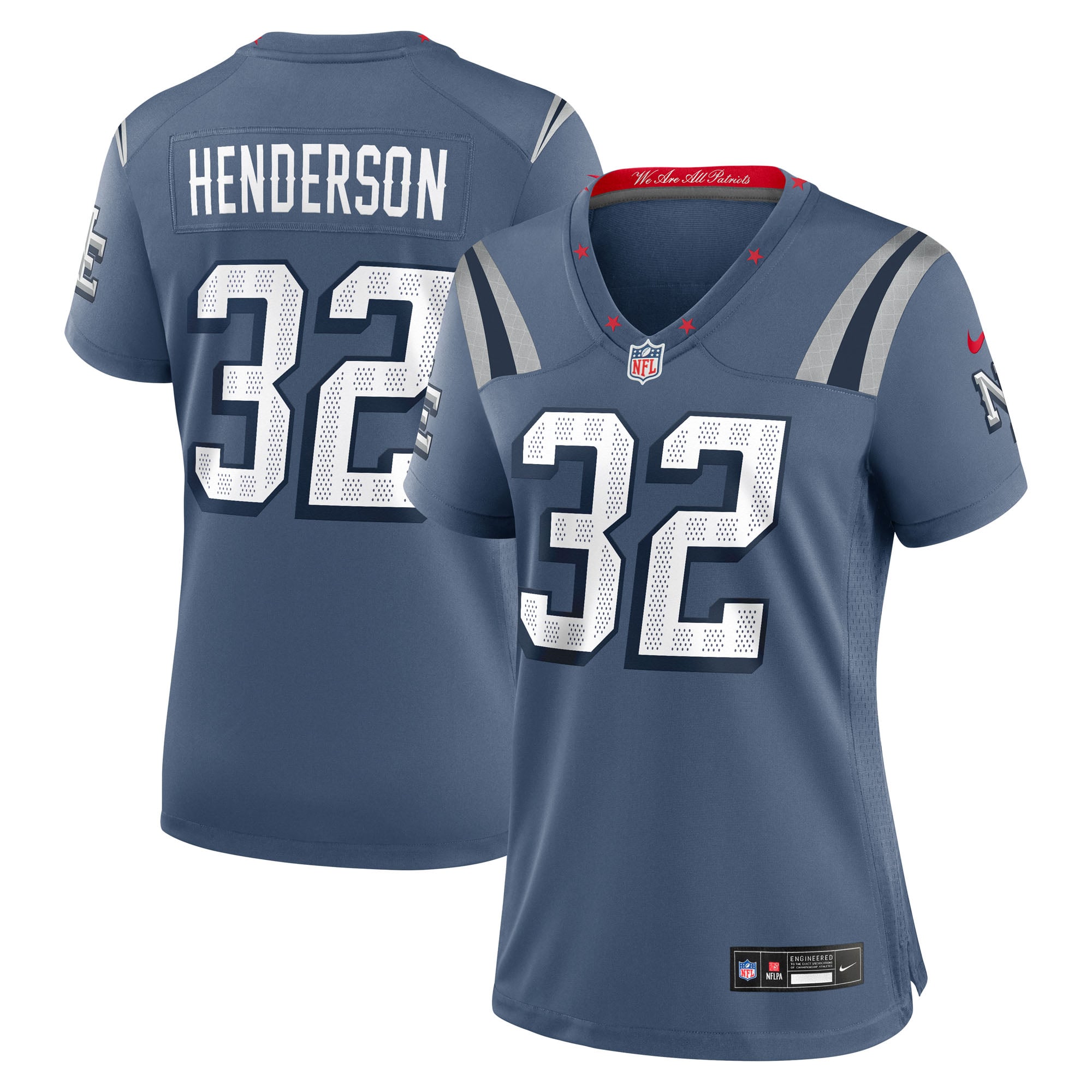 Maillot de match Nike TreVeyon Henderson bleu New England Patriots Rivalries Collection pour femmes