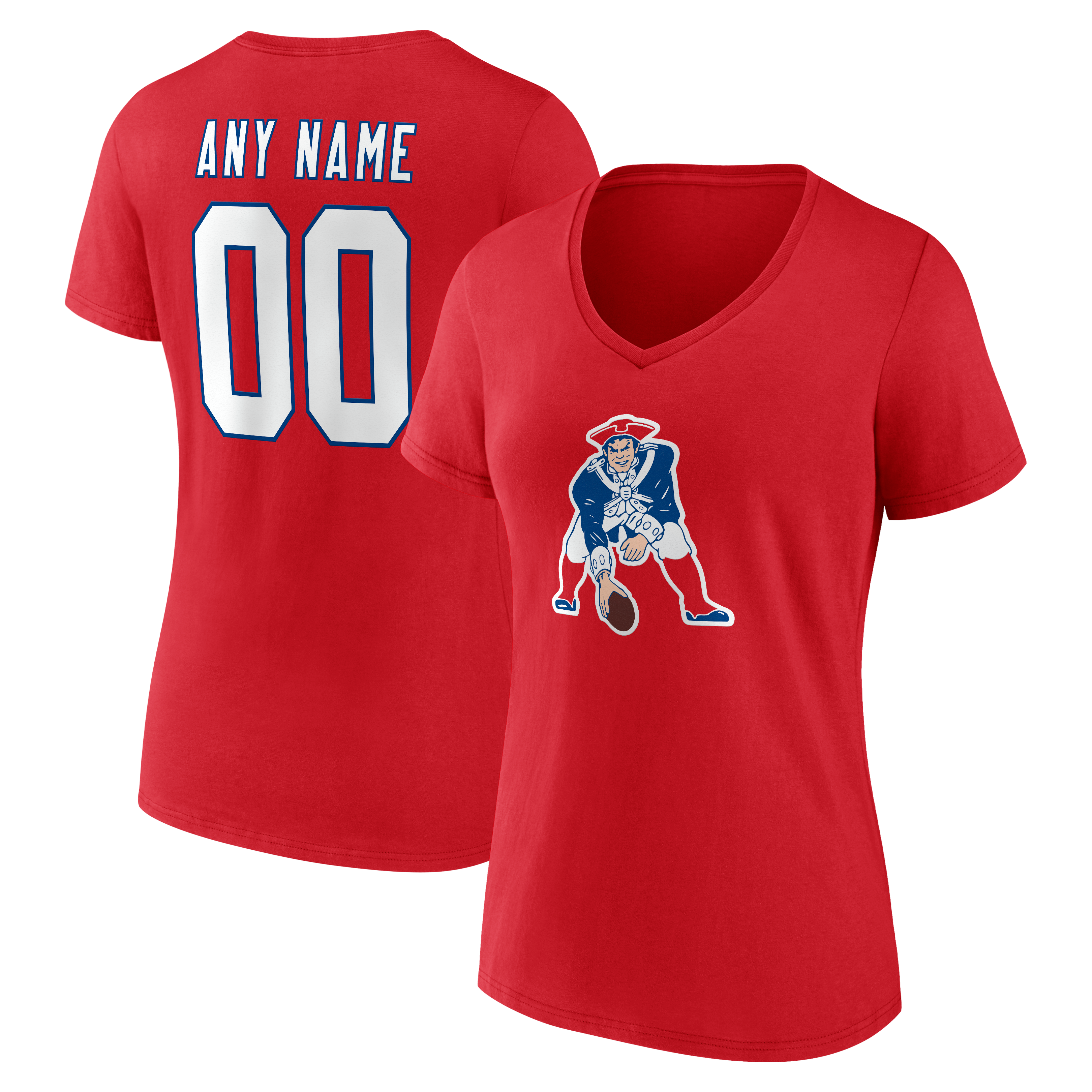 T-shirt à col en V authentique et classique personnalisé avec nom numéro des New England Patriots, rouge, pour femmes