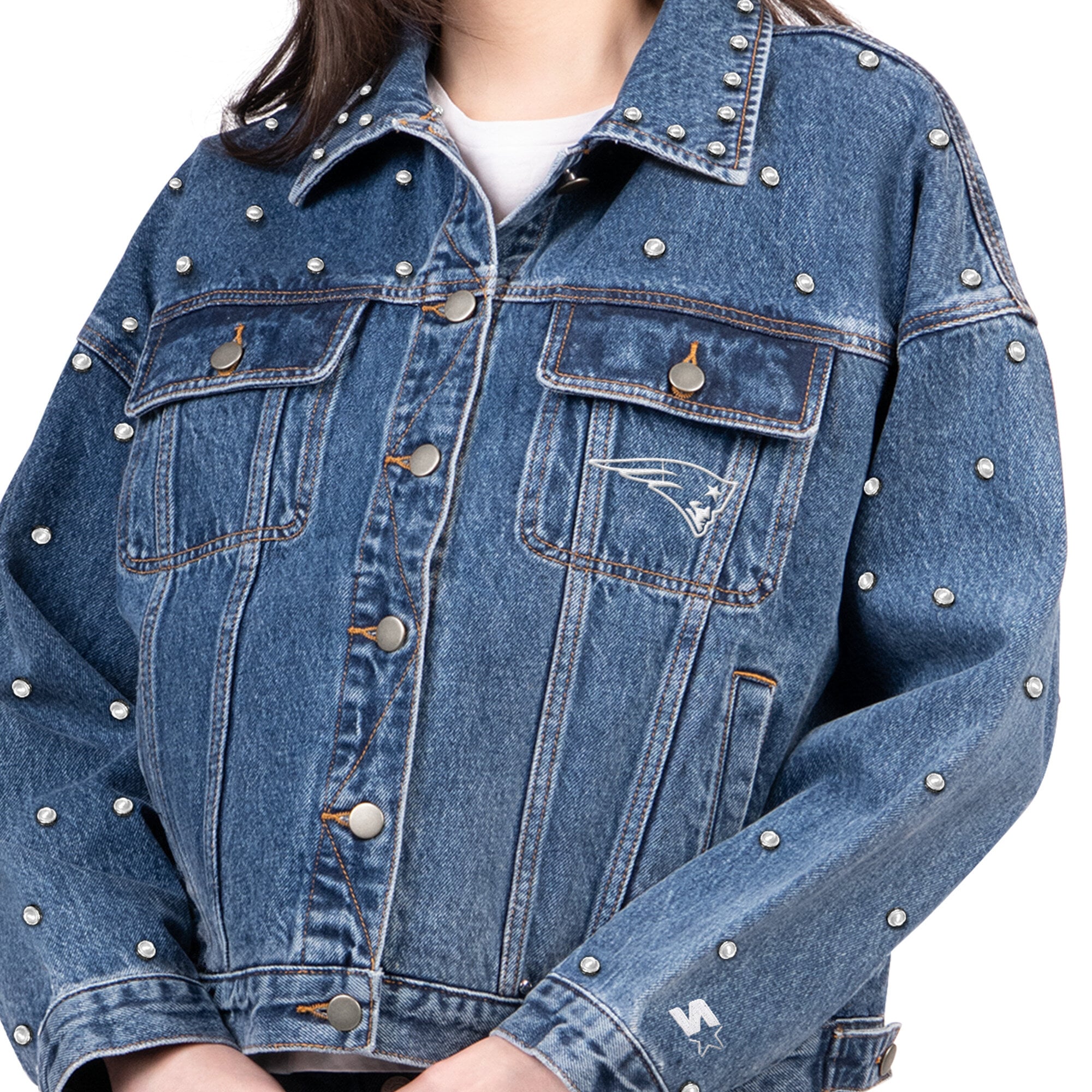 Veste en jean Starter Denim pour femme, modèle New England Patriots Pearl Icon, entièrement boutonnée