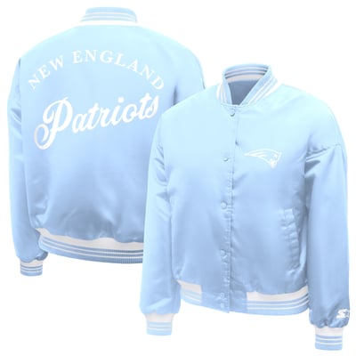  New England Patriots Starter Women's Fashion Script Satin Varsity Jacket - Light Blue