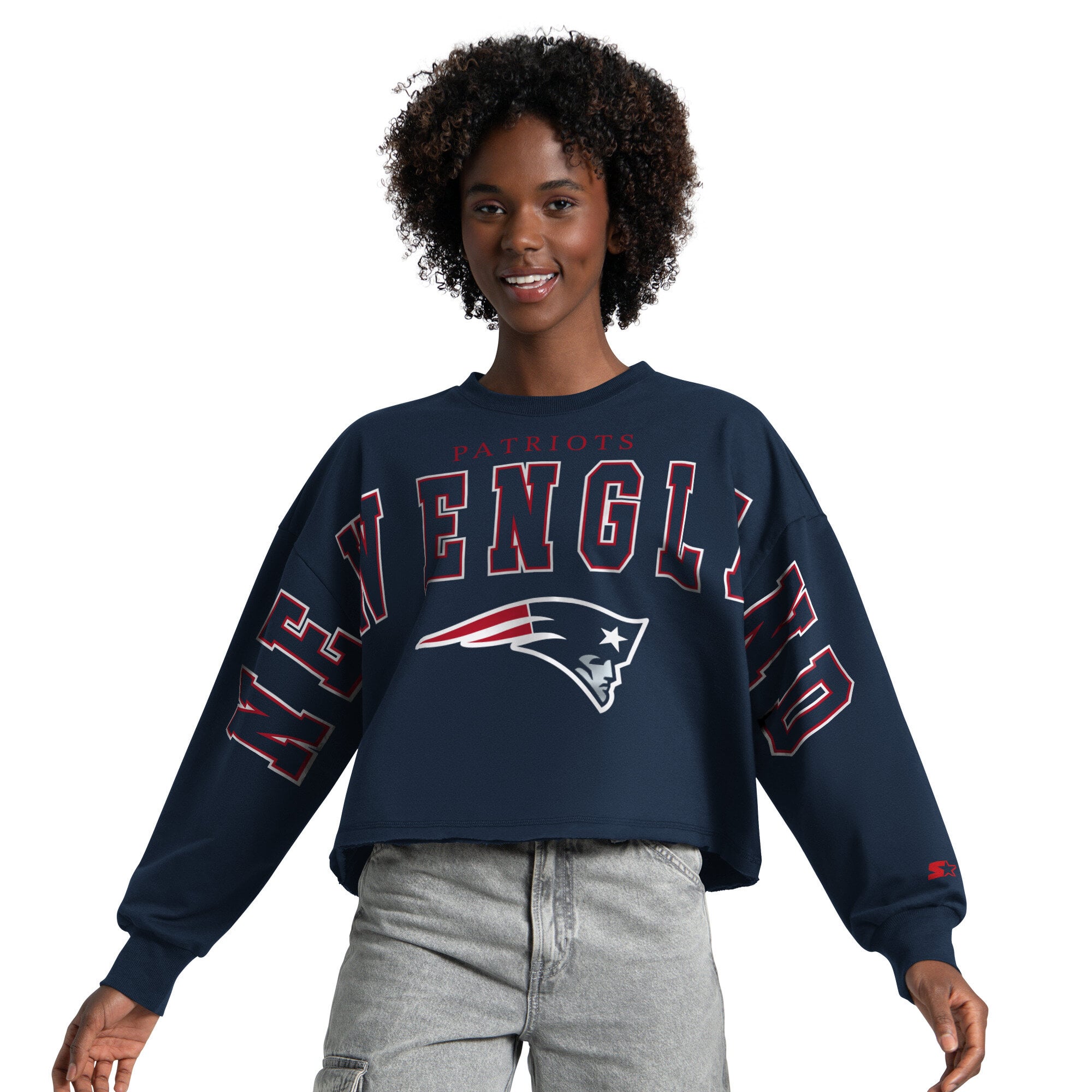 Sweat-shirt court Starter pour femme, bleu marine, New England Patriots, style gradins