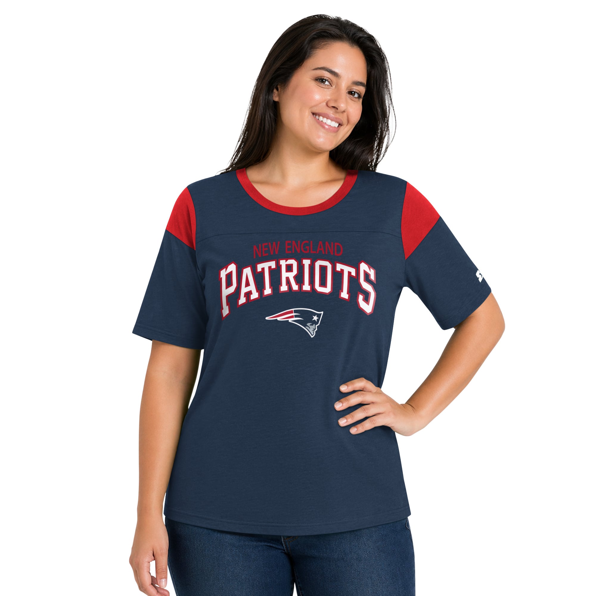 T-shirt Starter Navy New England Patriots grande taille pour femme, style linebacker, en jersey flammé.