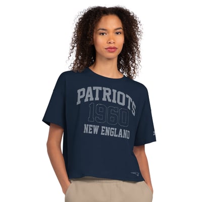  New England Patriots Starter Rhinestone Boxy Cropped T-Shirt - Navy