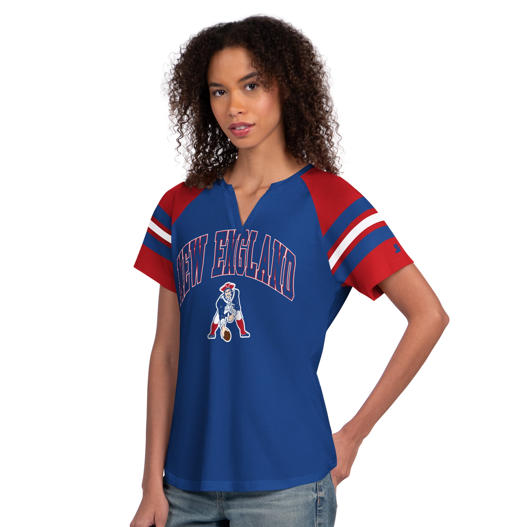 Women's Starter Royal New England Patriots Game On Notch Neck Raglan T-Shirt