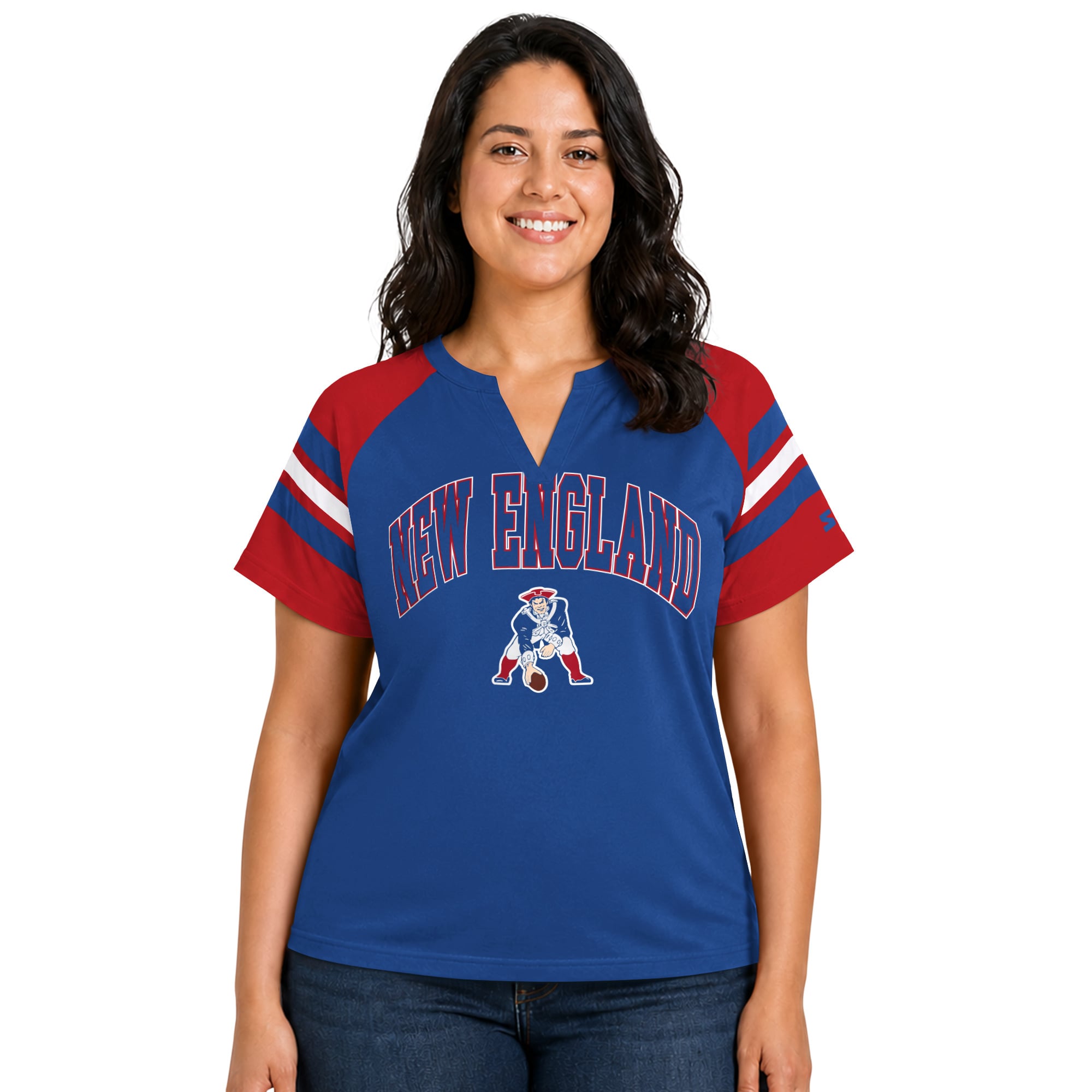 T-shirt raglan à col cranté Starter Royal pour femme, New England Patriots, grande taille, style rétro.