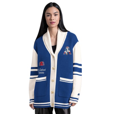 New England Patriots Starter Women's Strike Zone Shawl-Collar Button-Up Cardigan - Royal