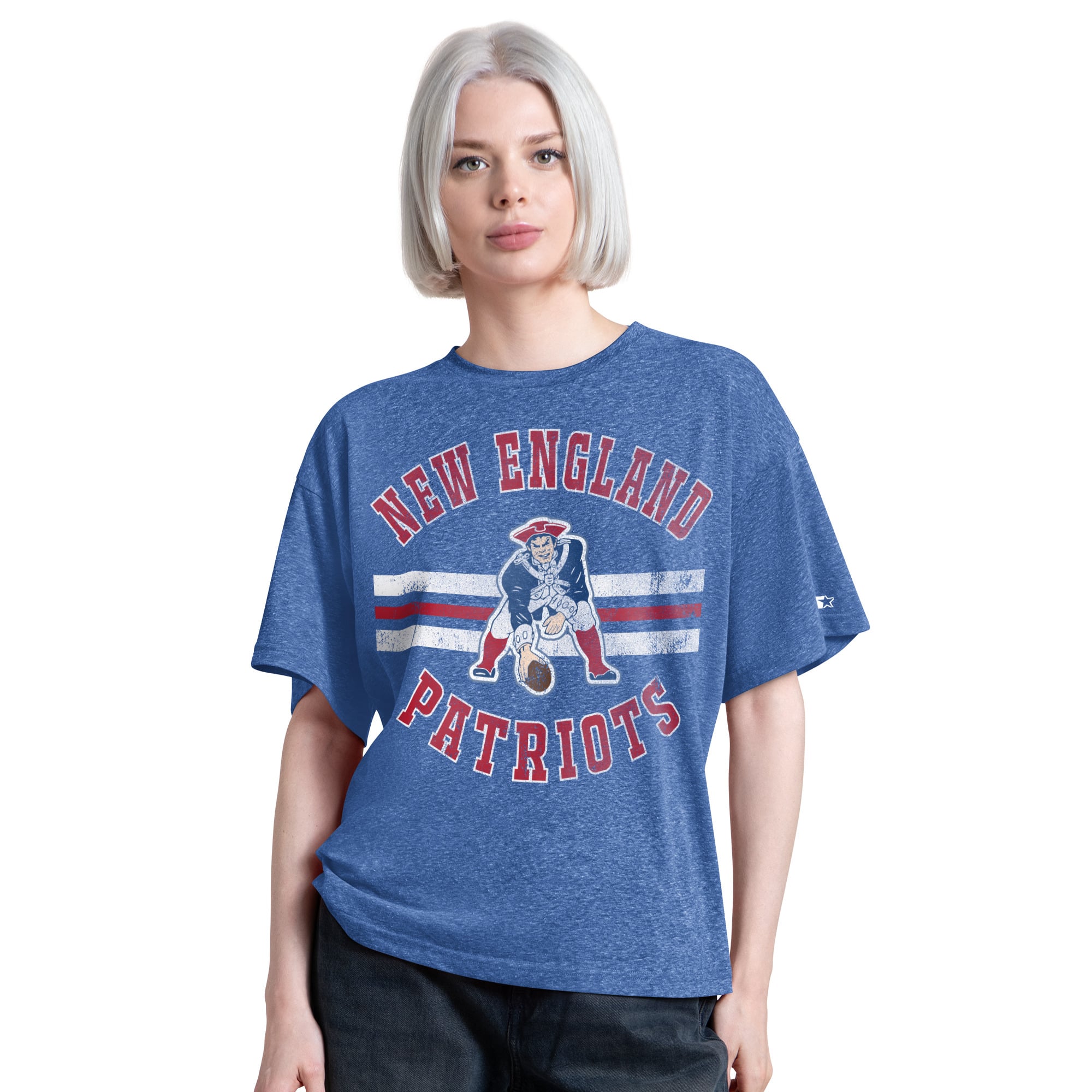 T-shirt Starter Royal pour femme, motif New England Patriots Vintage Jump Shot Boyfriend, mélange de trois matières