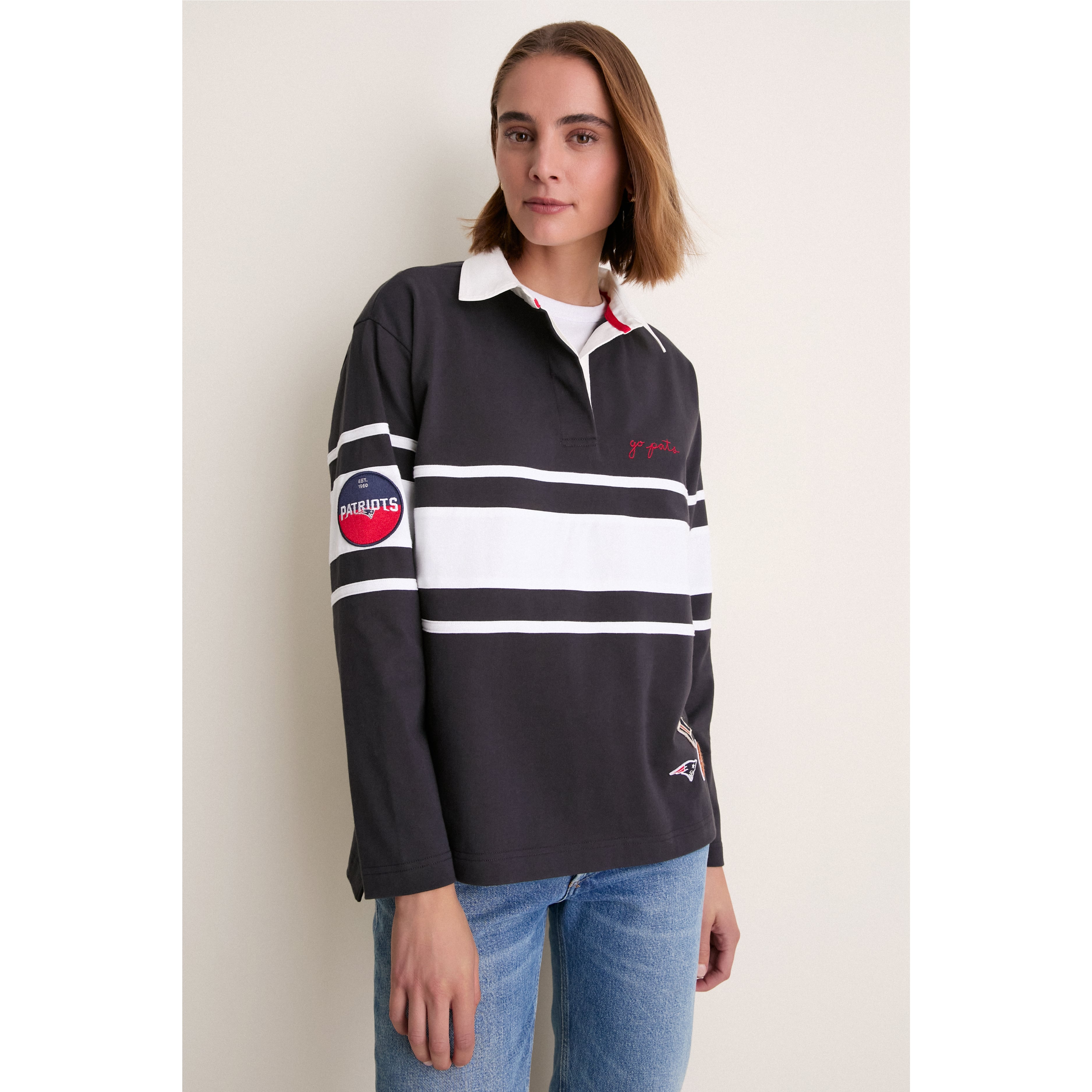 Polo de rugby à manches longues Tuckernuck bleu marine pour femme, New England Patriots