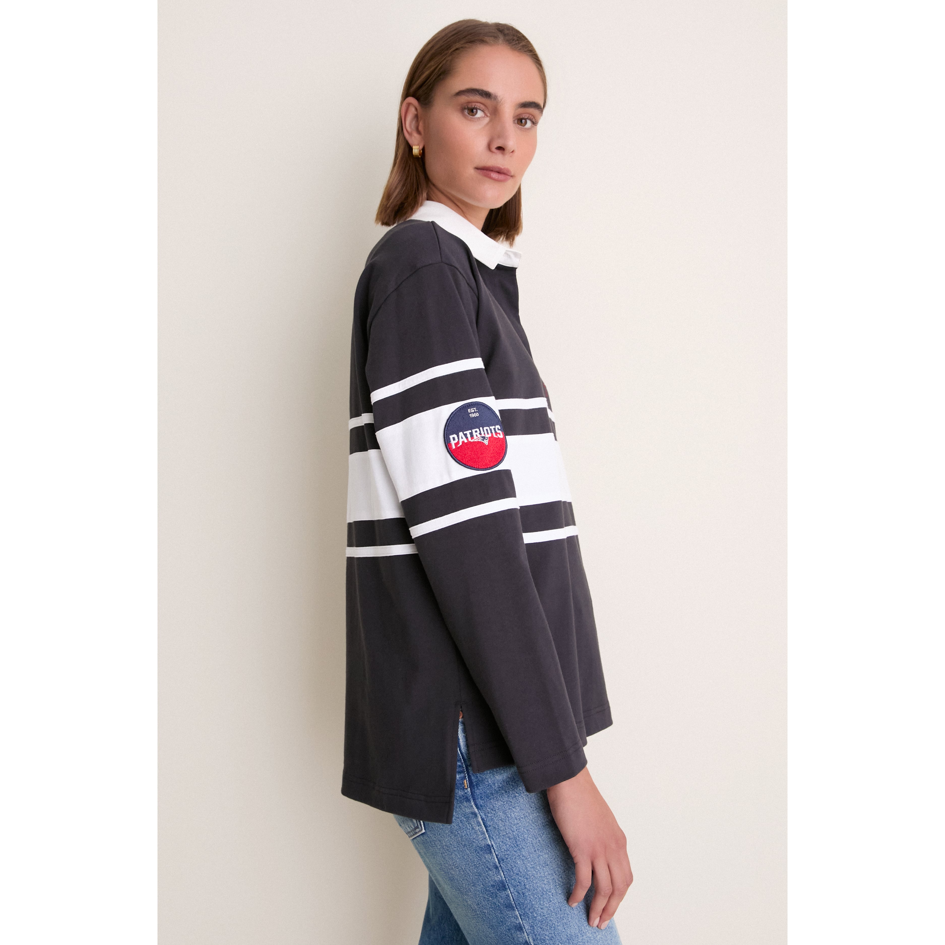 Polo de rugby à manches longues Tuckernuck bleu marine pour femme, New England Patriots