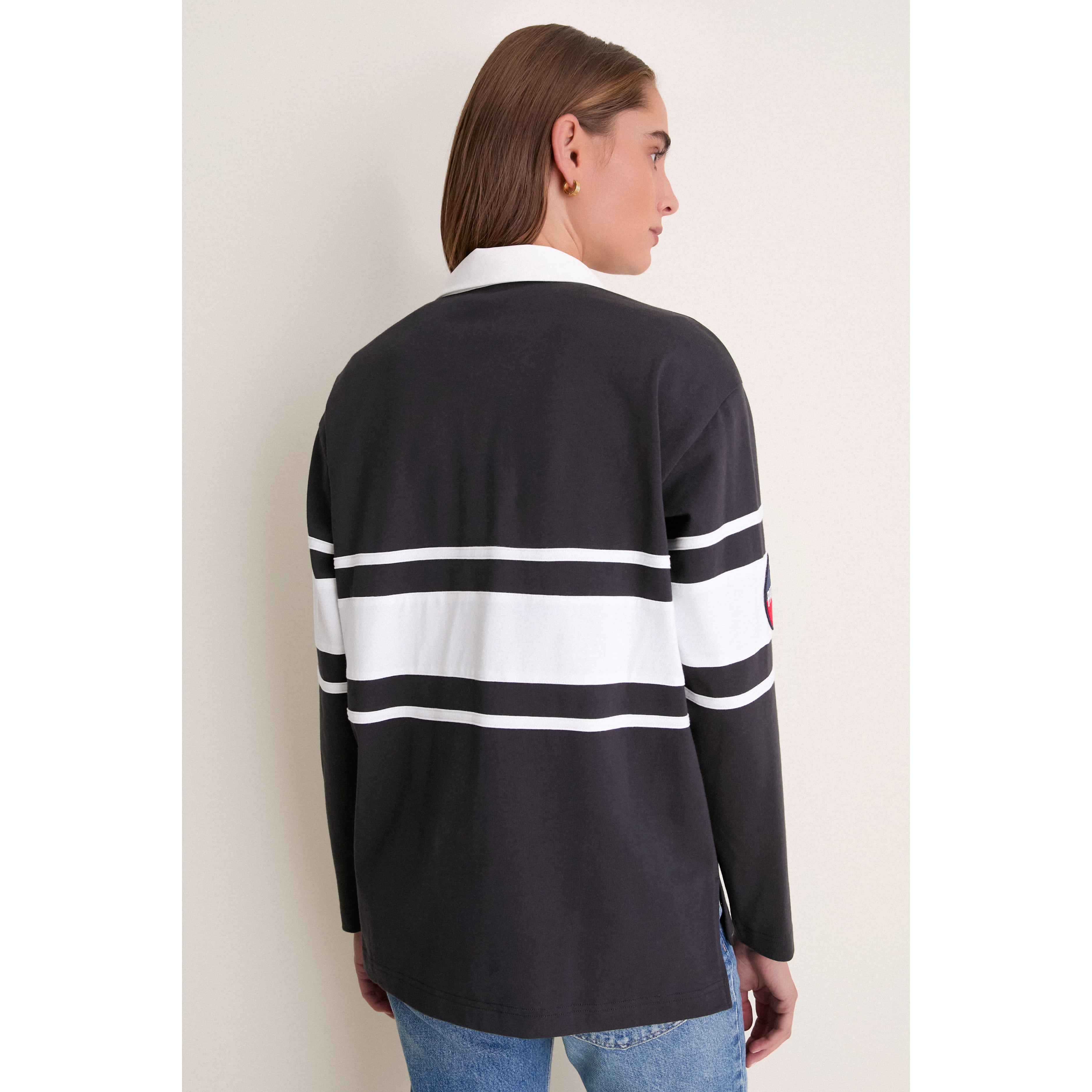 Polo de rugby à manches longues Tuckernuck bleu marine pour femme, New England Patriots