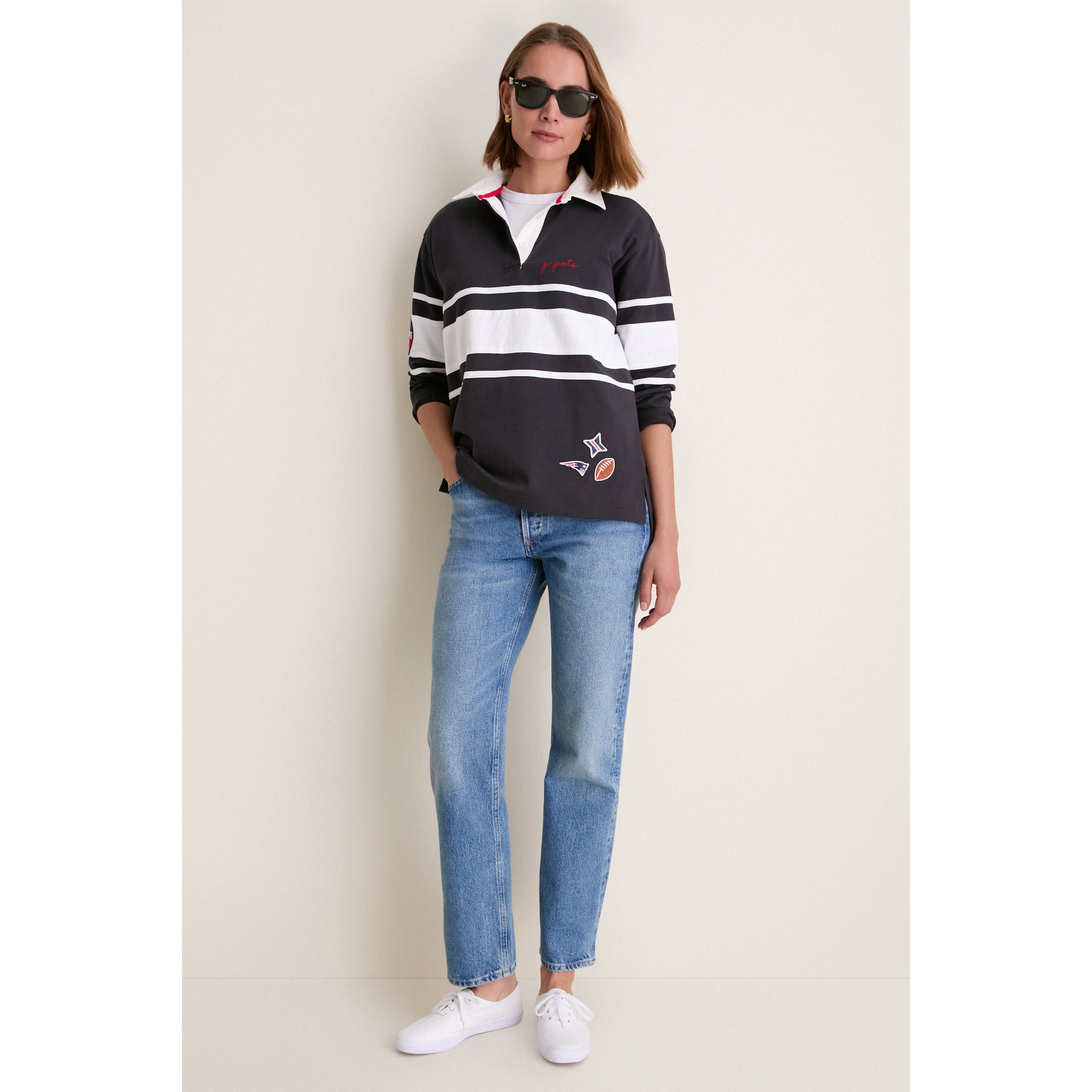 Polo de rugby à manches longues Tuckernuck bleu marine pour femme, New England Patriots