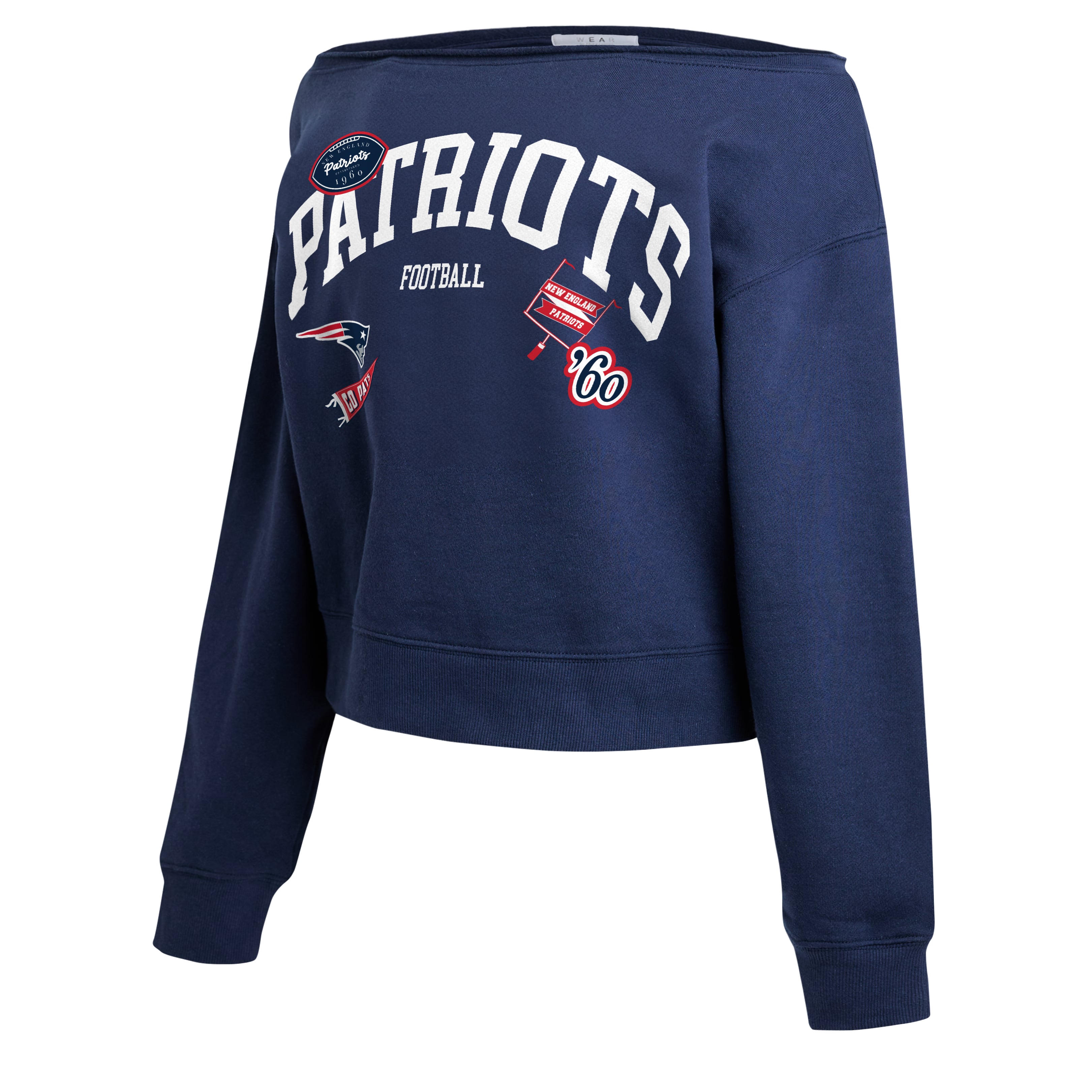 Women's WEAR by Erin Andrews Navy New England Patriots Off-the-Shoulder Sweatshirt