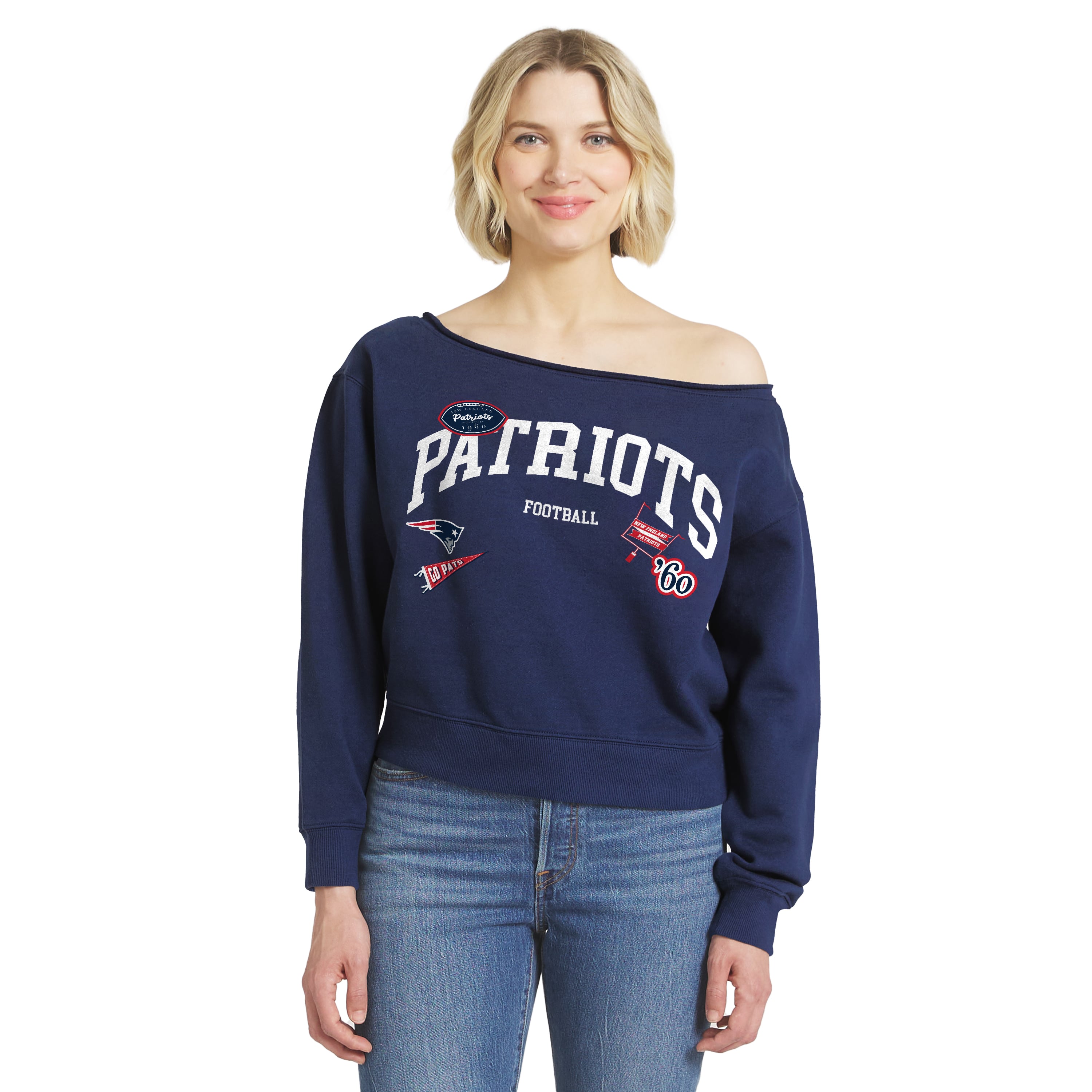 Women's WEAR by Erin Andrews  Navy New England Patriots Off-the-Shoulder Sweatshirt