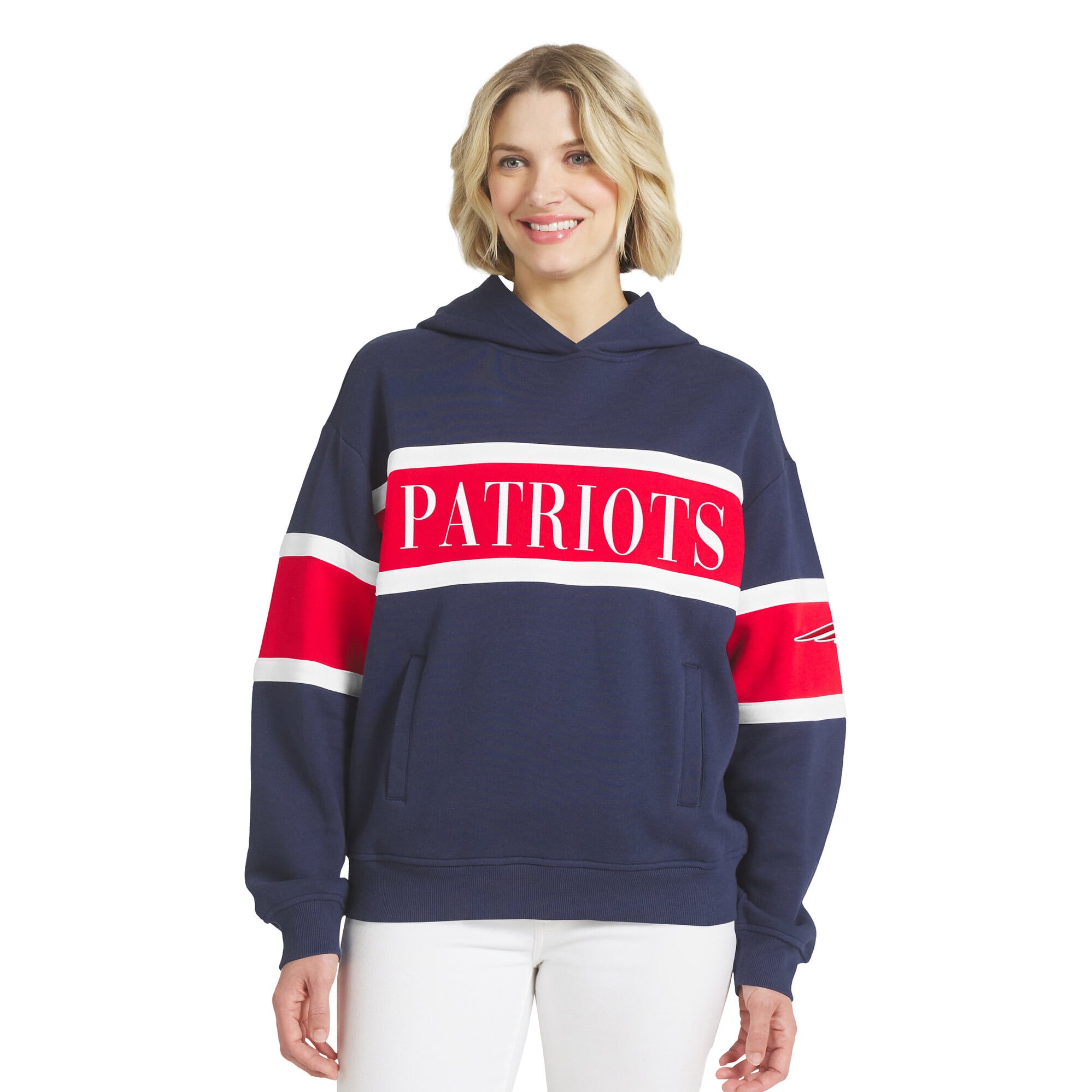 Sweat à capuche rayé bleu marine New England Patriots pour femme de la marque WEAR by Erin Andrews