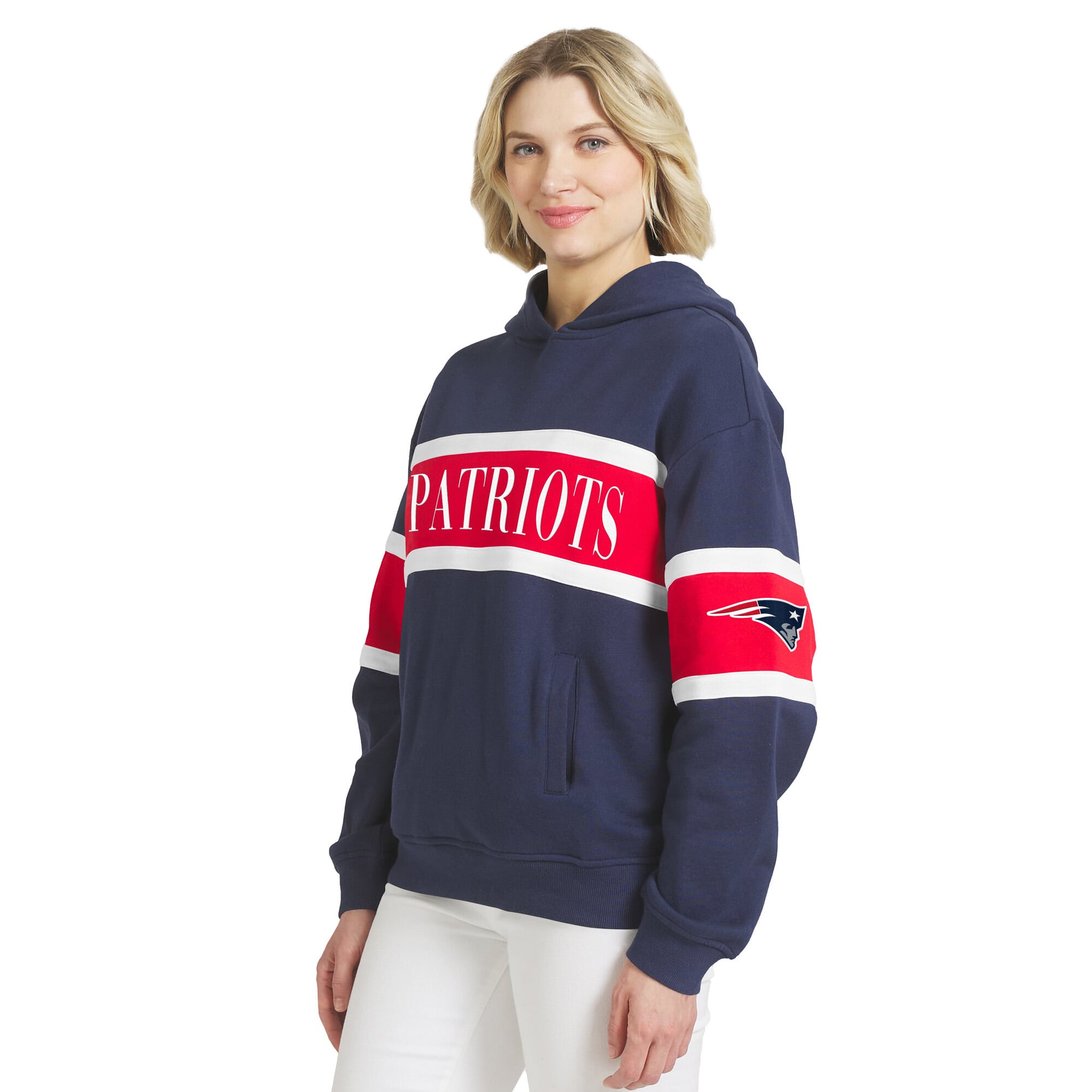 Sweat à capuche rayé bleu marine New England Patriots pour femme de la marque WEAR by Erin Andrews