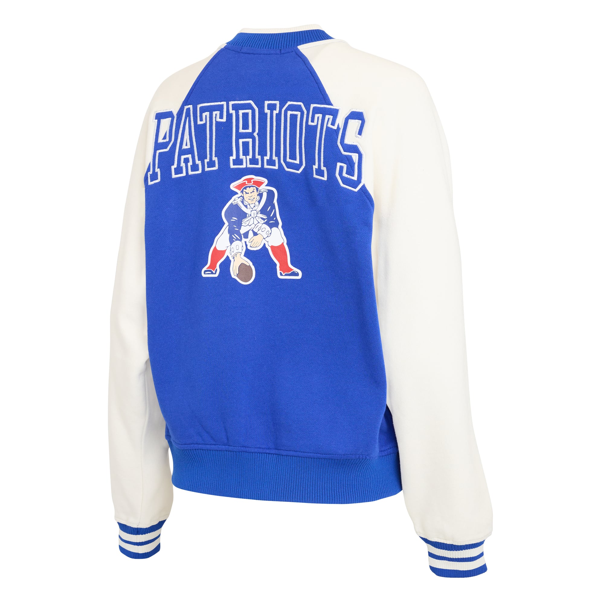 Women's WEAR by Erin Andrews Navy New England Patriots Throwback Varsity Fleece Raglan Full-Zip Jacket