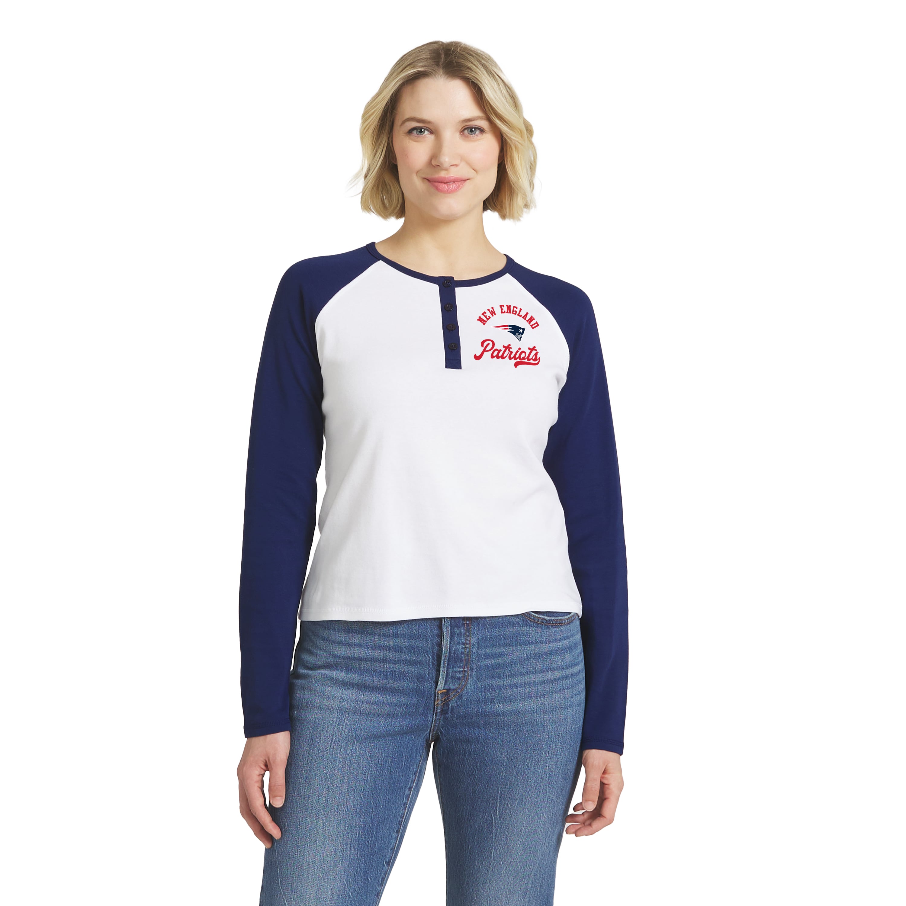 Women's WEAR by Erin Andrews White/Navy New England Patriots Henley Long Sleeve Raglan T-Shirt