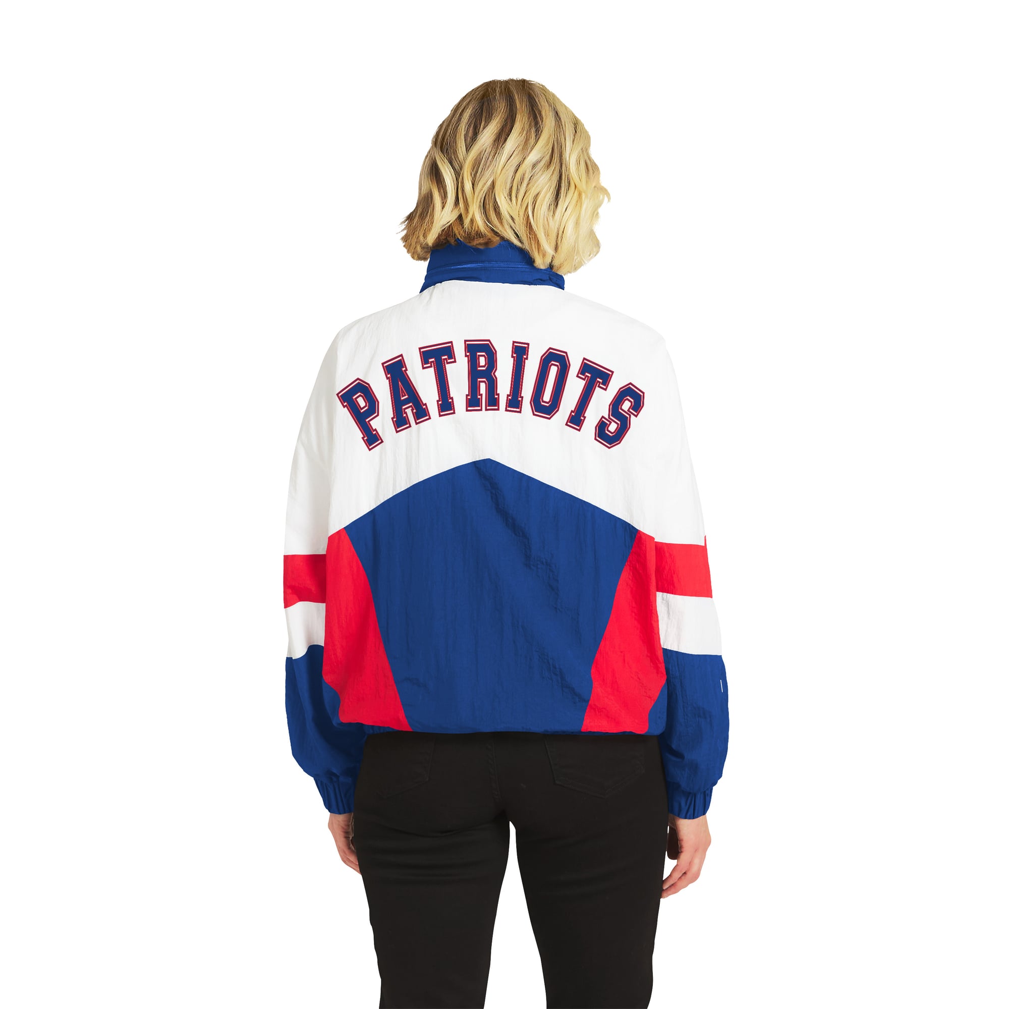 Women's WEAR by Erin Andrews White/Royal New England Patriots Throwback Crinkle Full-Snap Hooded Windbreaker Jacket
