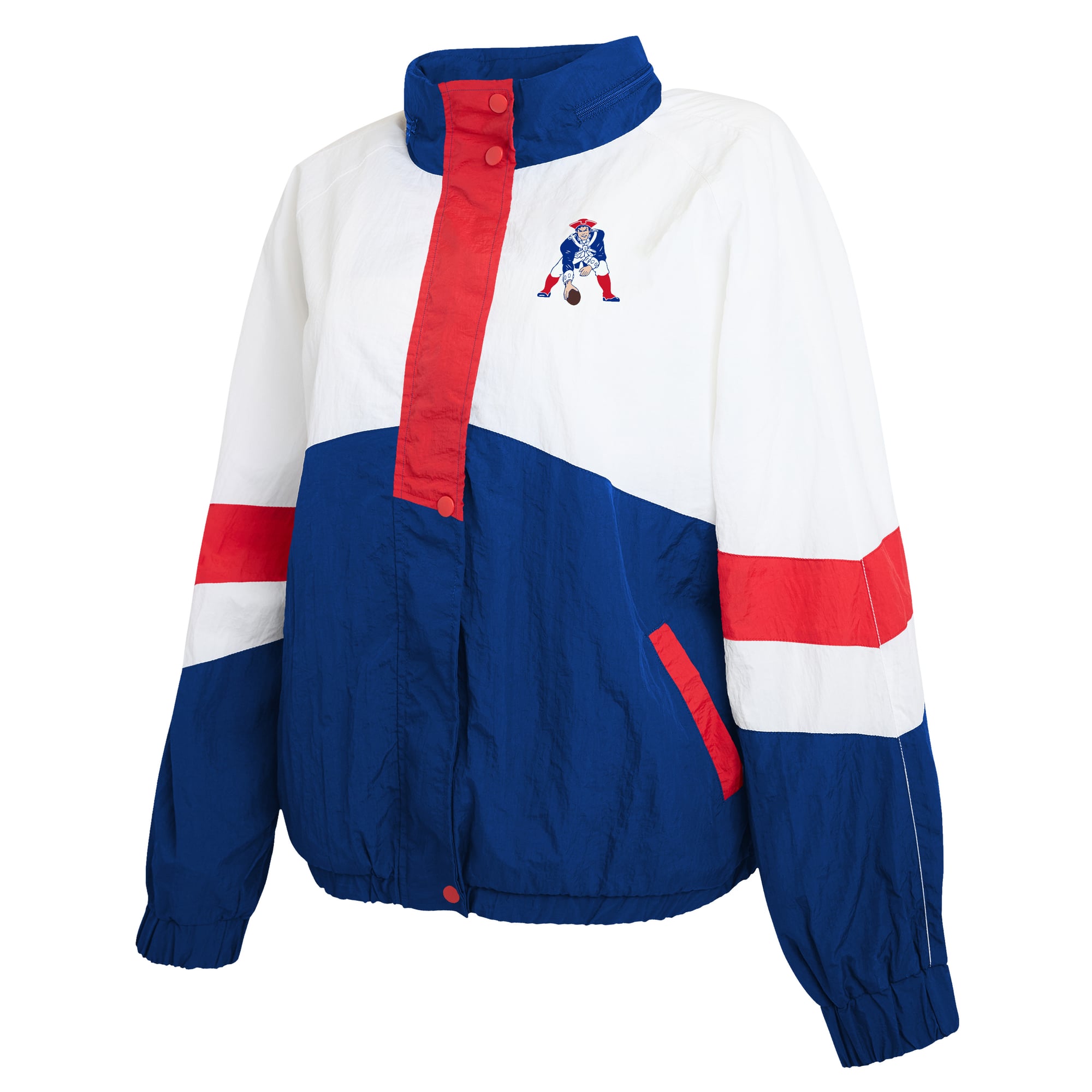 Women's WEAR by Erin Andrews White/Royal New England Patriots Throwback Crinkle Full-Snap Hooded Windbreaker Jacket