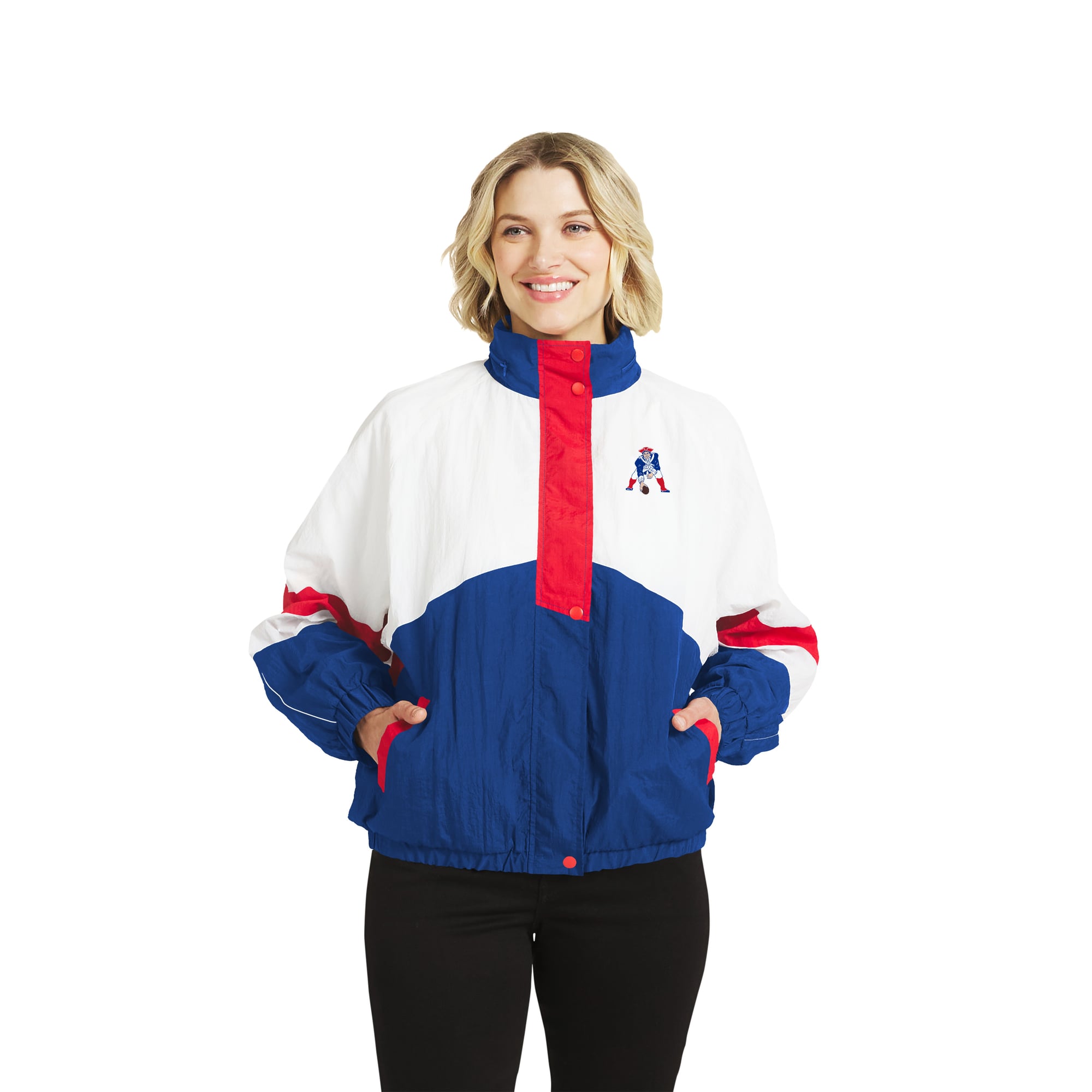 Women's WEAR by Erin Andrews  White/Royal New England Patriots Throwback Crinkle Full-Snap Hooded Windbreaker Jacket