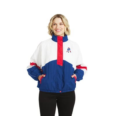  New England Patriots WEAR by Erin Andrews Women's Throwback Crinkle Full-Snap Hooded Windbreaker Jacket - White/Royal
