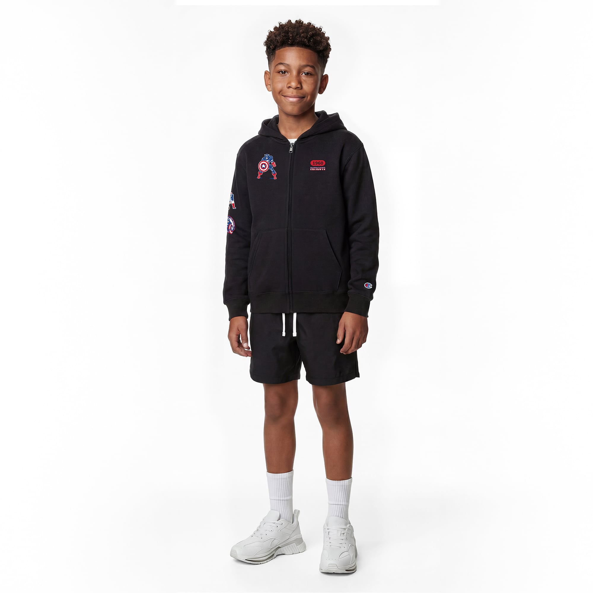 Youth Disney x Champion Black New England Patriots Captain America Full-Zip Hoodie
