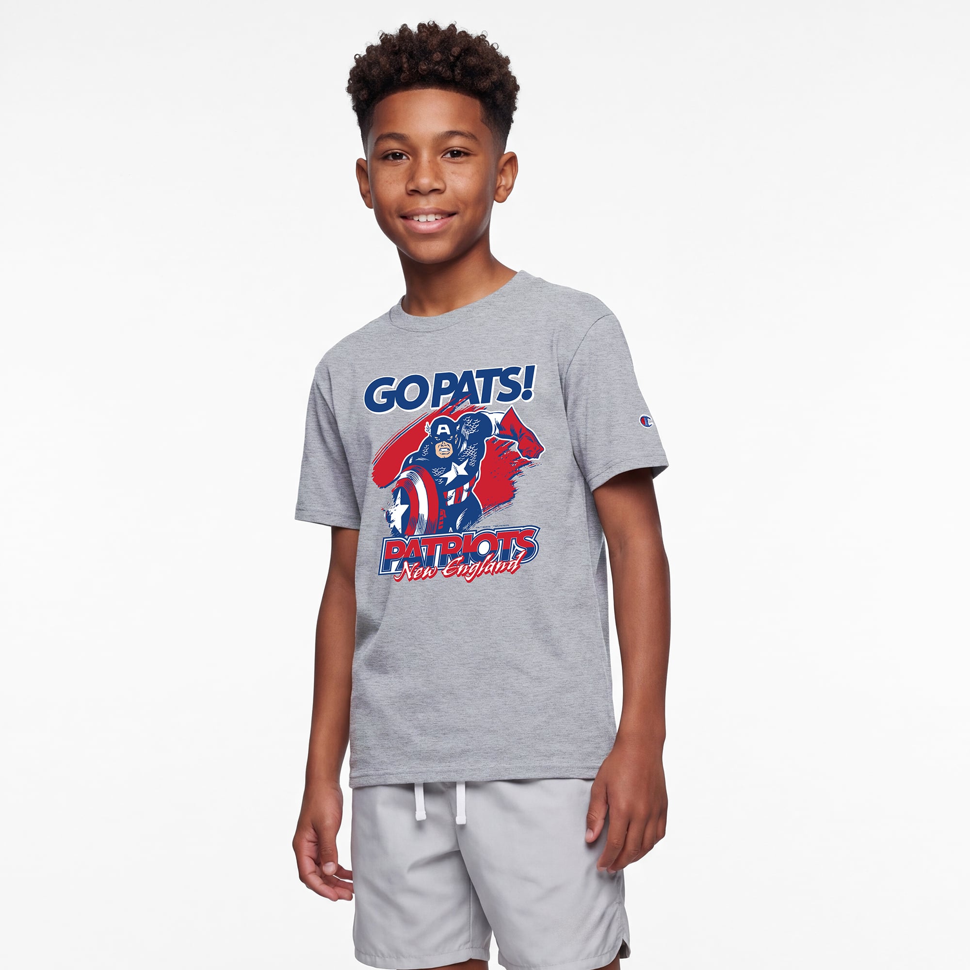 Youth Disney x Champion Heather Gray New England Patriots Captain America T-Shirt