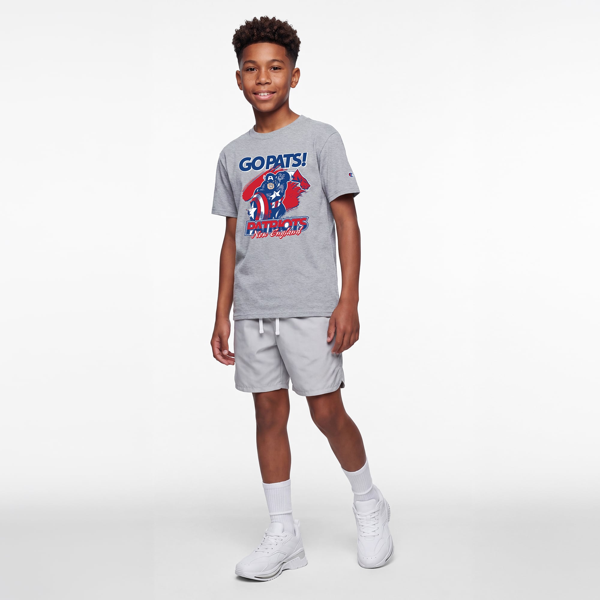 Youth Disney x Champion Heather Gray New England Patriots Captain America T-Shirt