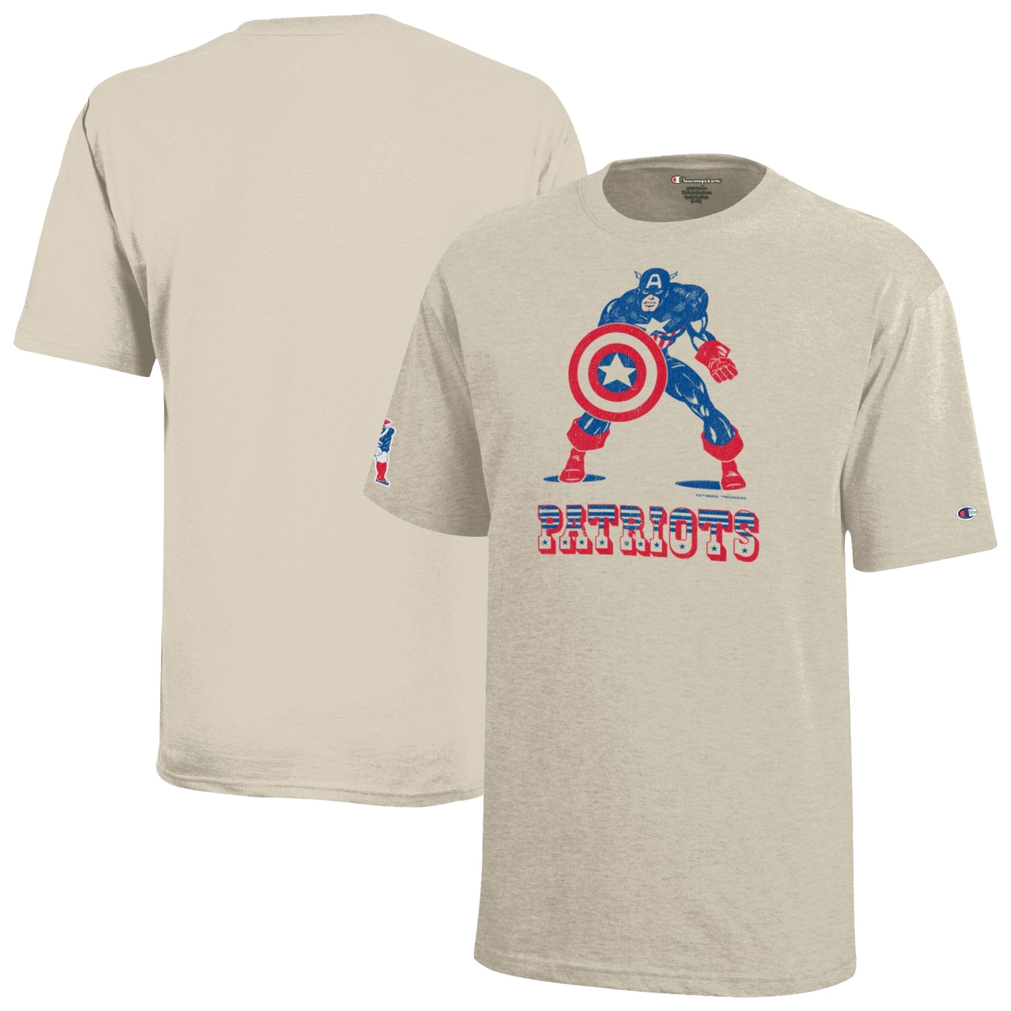 Youth Disney x Champion Oatmeal New England Patriots Captain America T-Shirt
