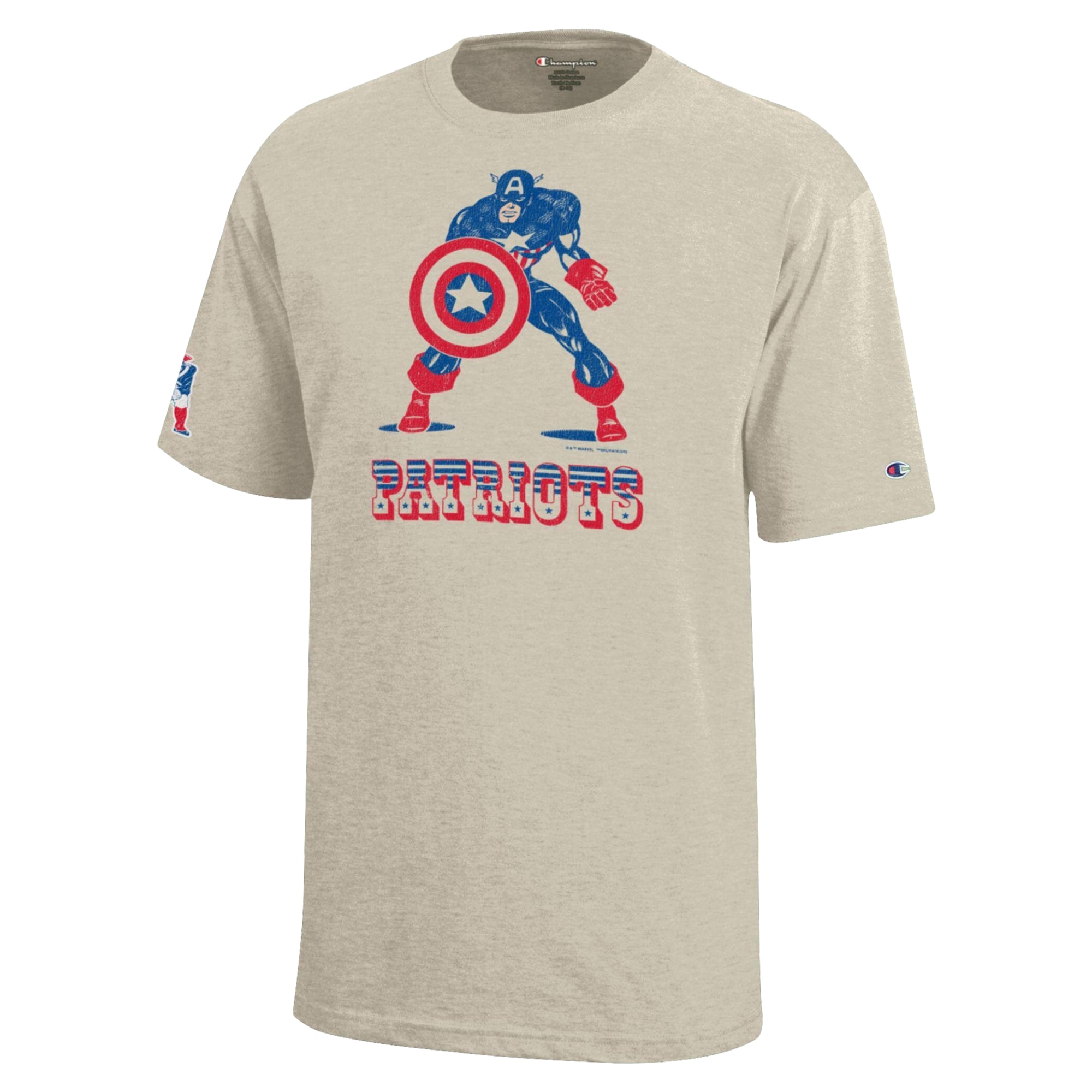 Youth Disney x Champion Oatmeal New England Patriots Captain America T-Shirt