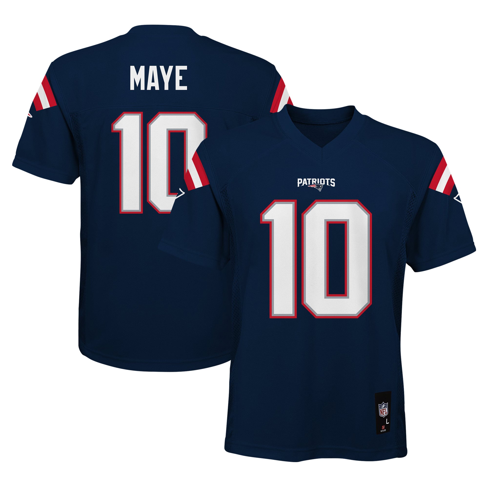 Maillot réplique Drake Maye bleu marine des New England Patriots pour jeunes