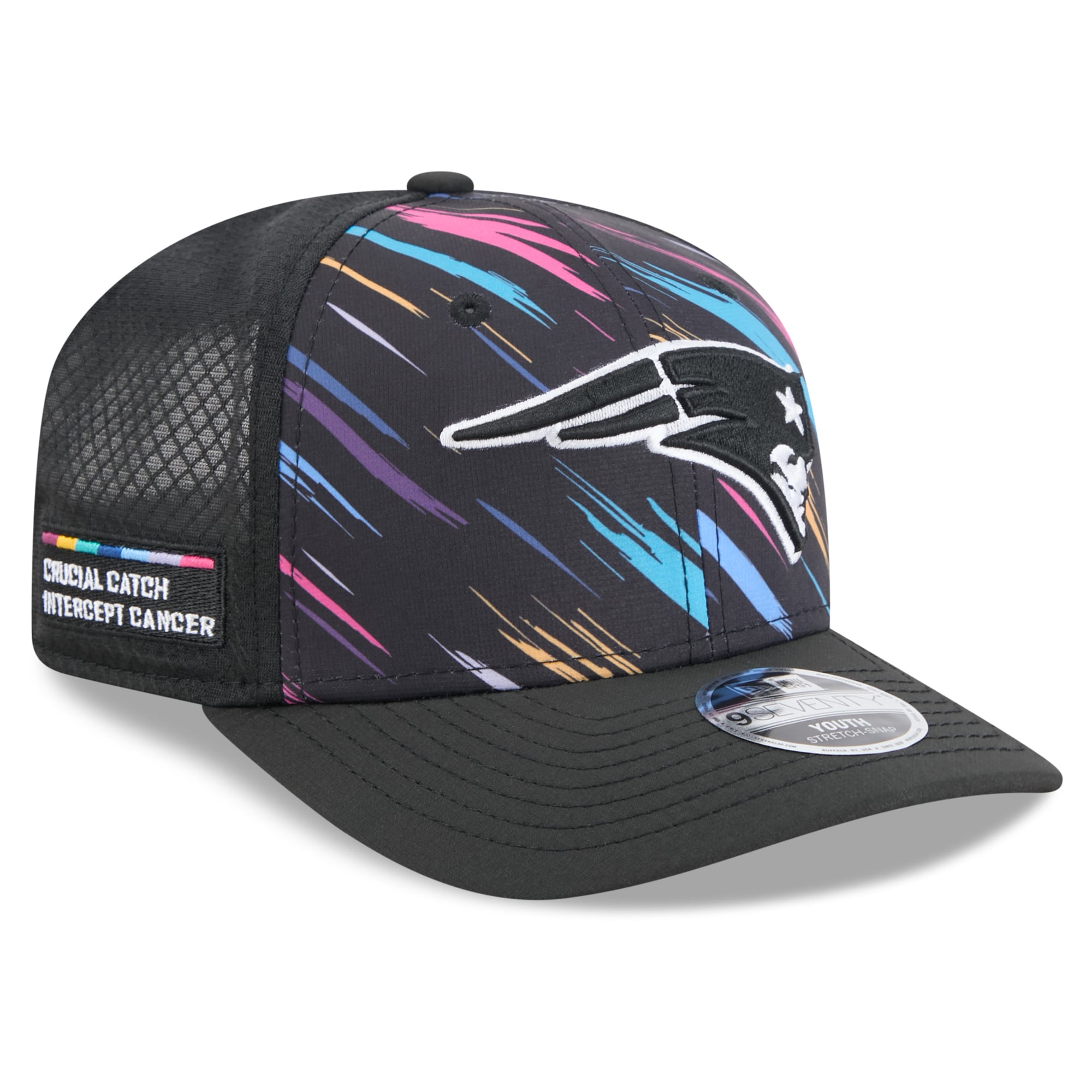 Youth New Era Black New England Patriots 2026 NFL Crucial Catch 9SEVENTY Adjustable Trucker Hat