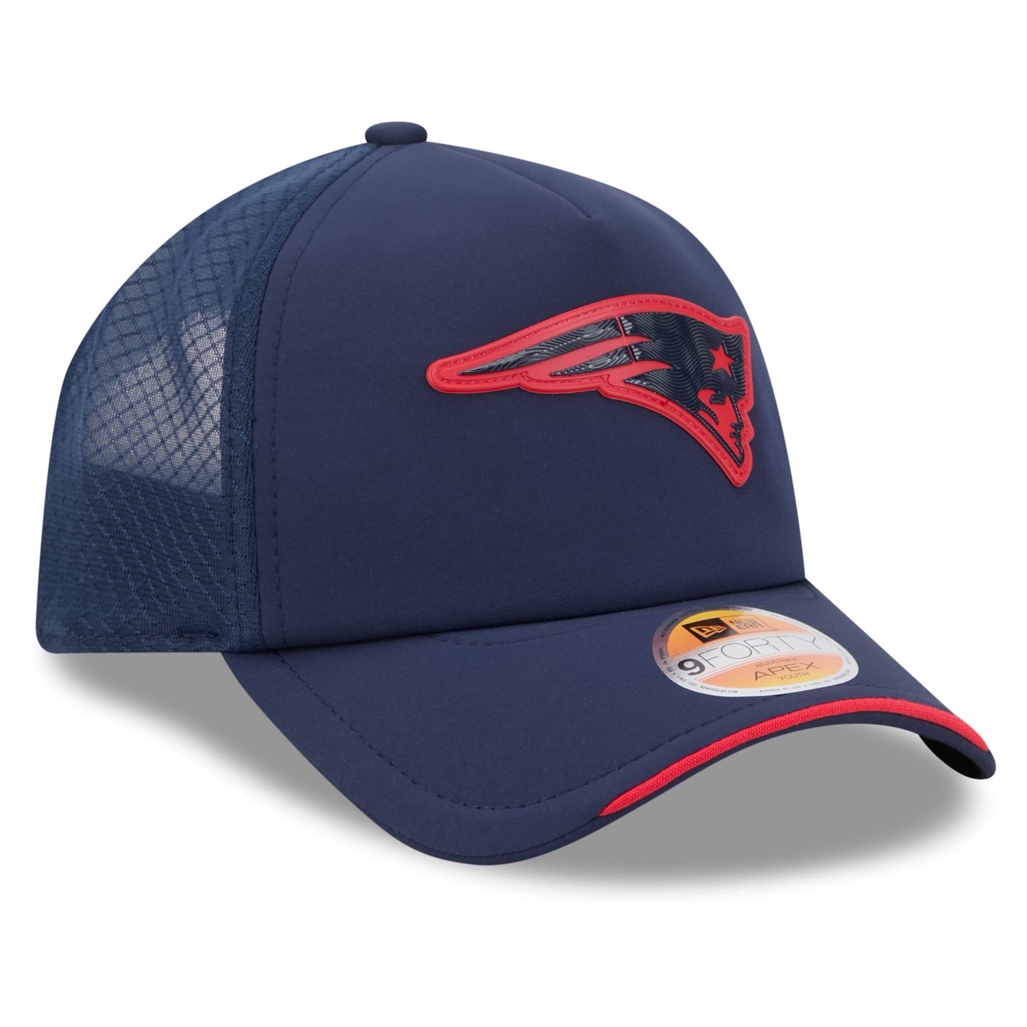 Youth New Era Navy New England Patriots 2026 Sideline Apex 9FORTY Adjustable Trucker Hat