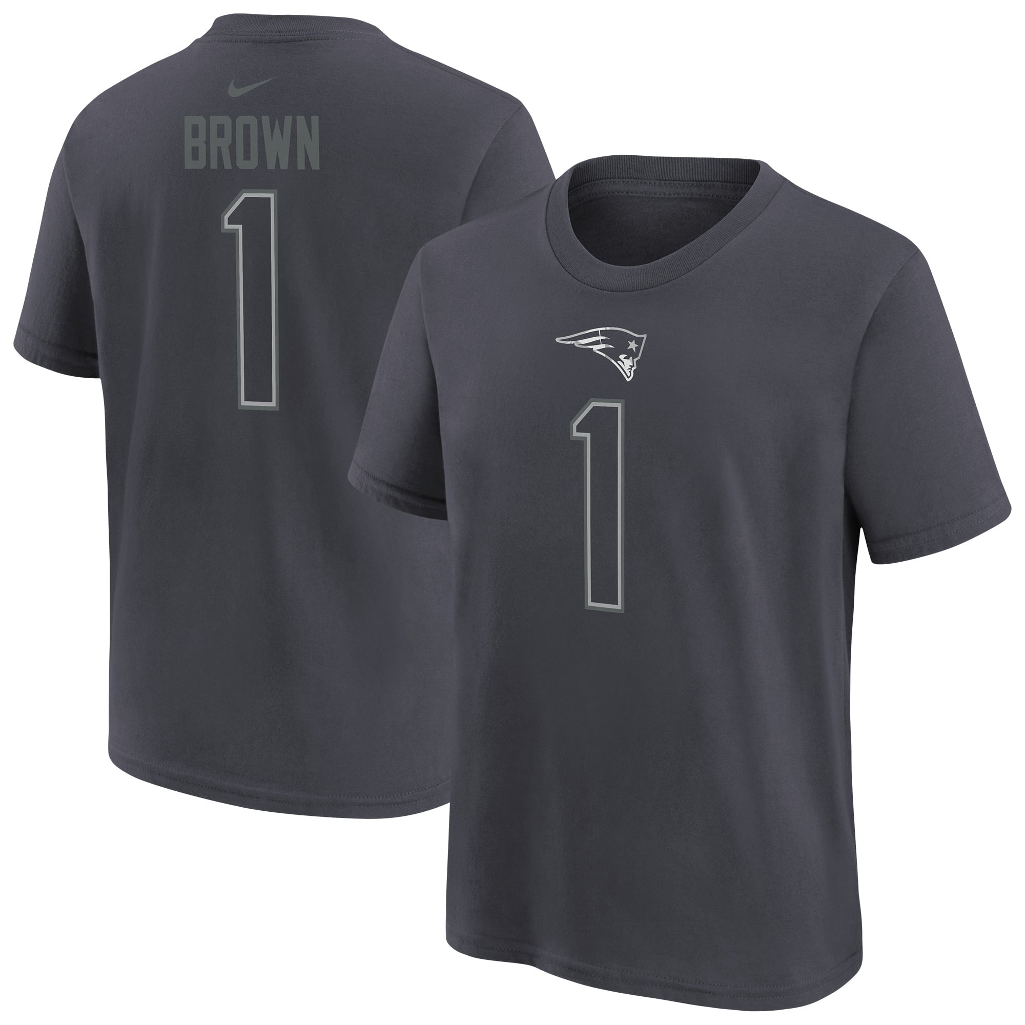 T-shirt Nike A.J. Brown anthracite pour enfant, New England Patriots, avec nom et numéro