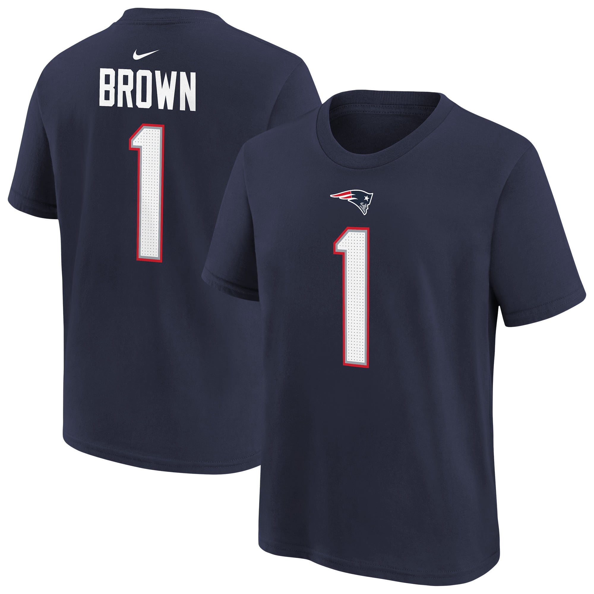 Youth Nike A.J. Brown Navy New England Patriots Name & Number T-Shirt