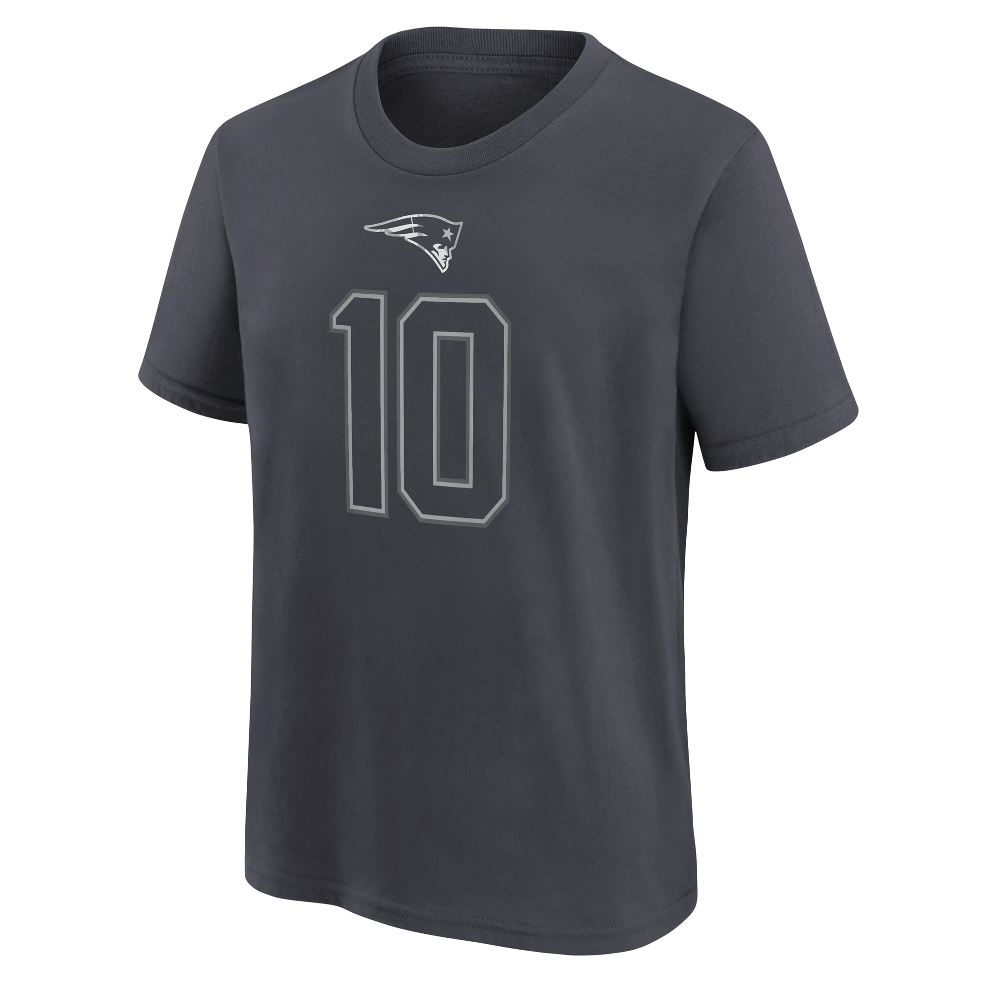 T-shirt Nike Drake Maye Anthracite pour enfant, nom et numéro des New England Patriots