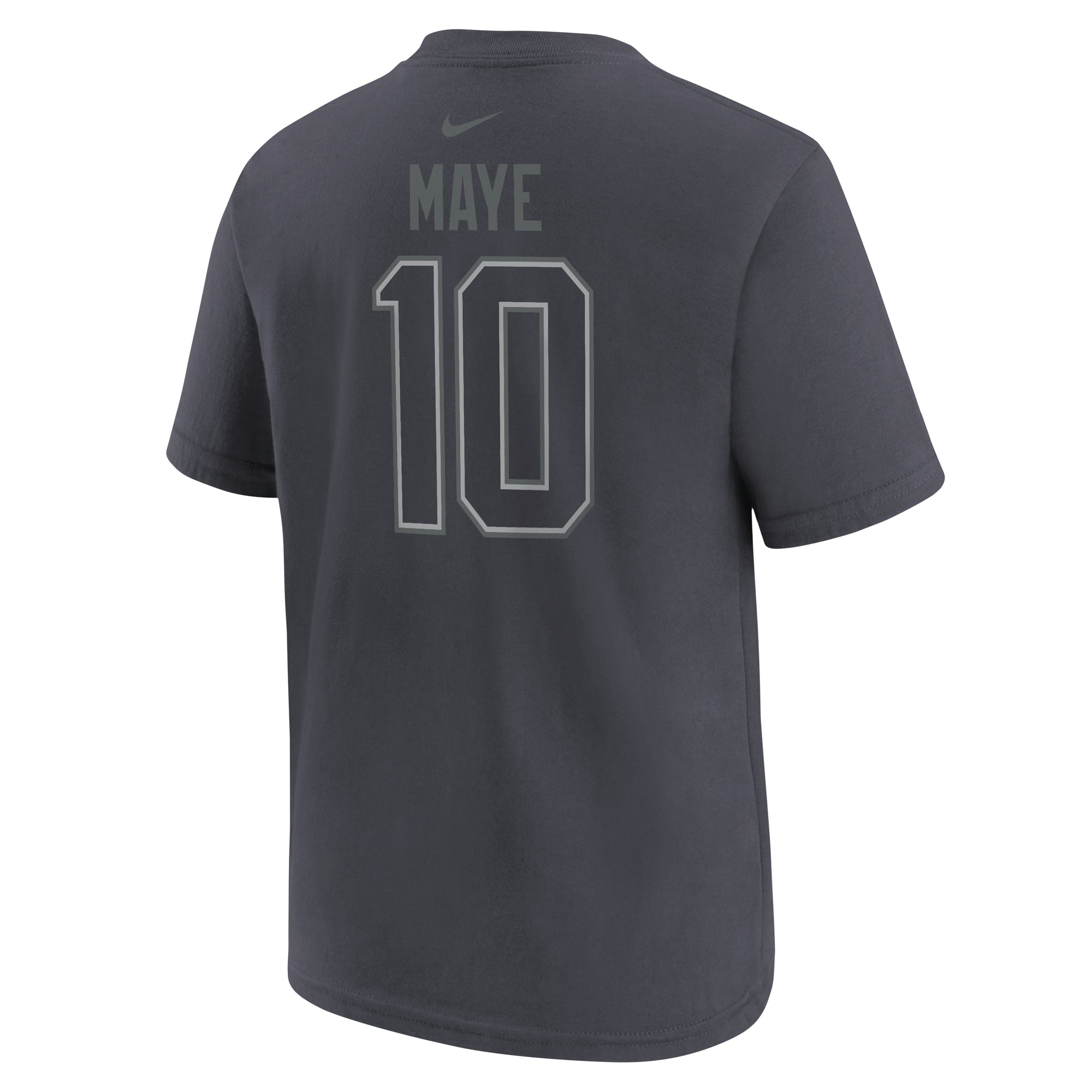 T-shirt Nike Drake Maye Anthracite pour enfant, nom et numéro des New England Patriots