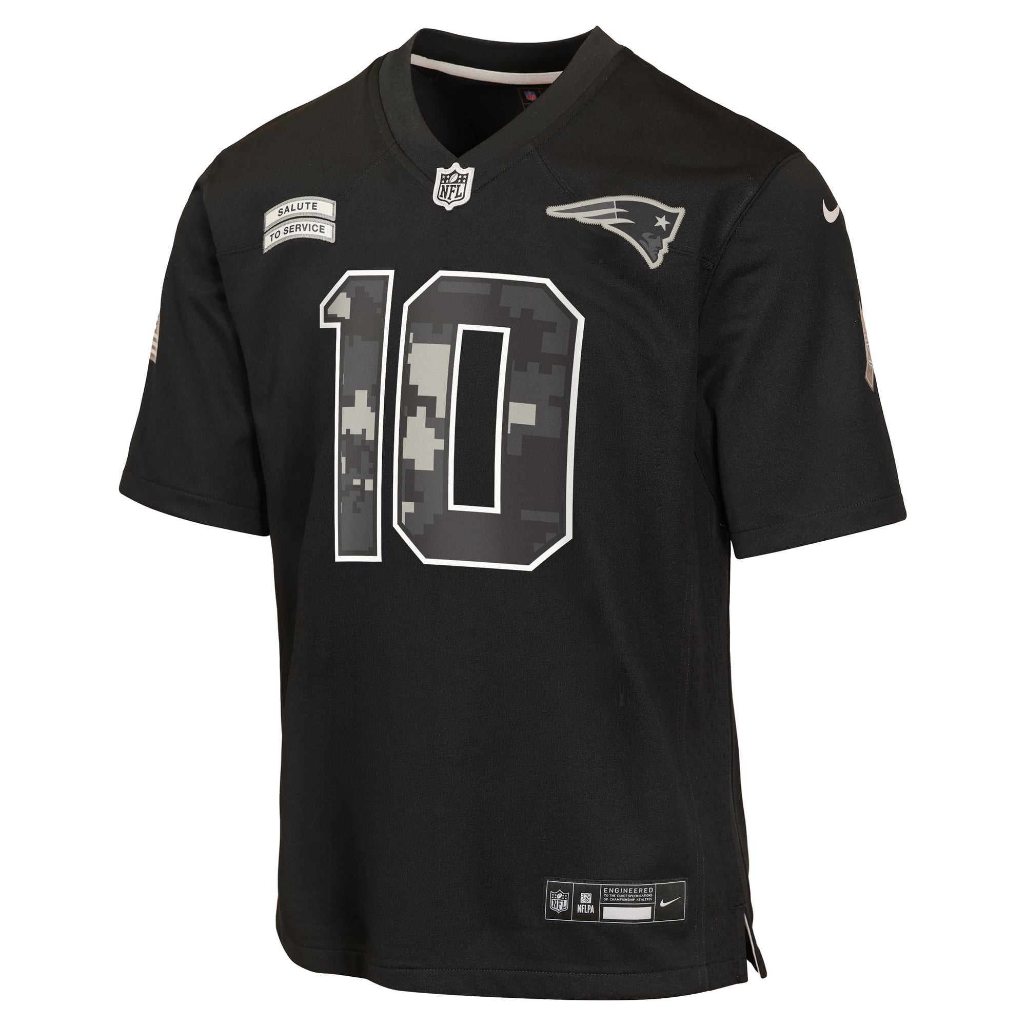 Maillot Nike Drake Maye noir pour enfant, New England Patriots, édition spéciale 2026 « Salute to Service ».