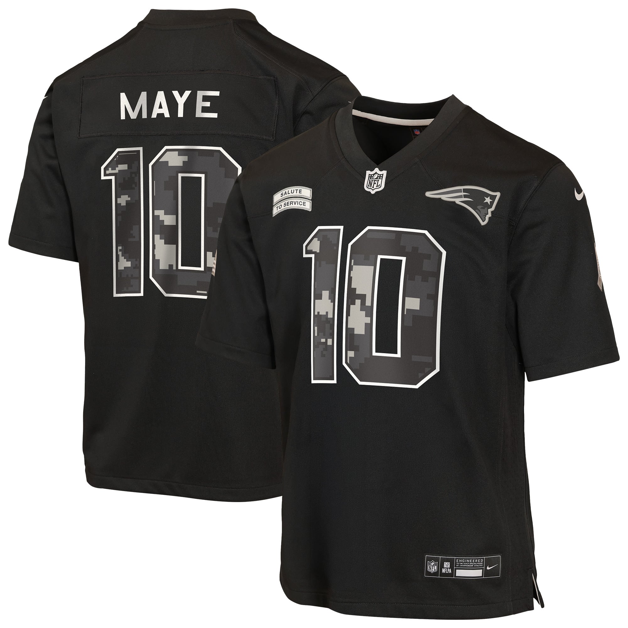 Maillot Nike Drake Maye noir pour enfant, New England Patriots, édition spéciale 2026 « Salute to Service ».